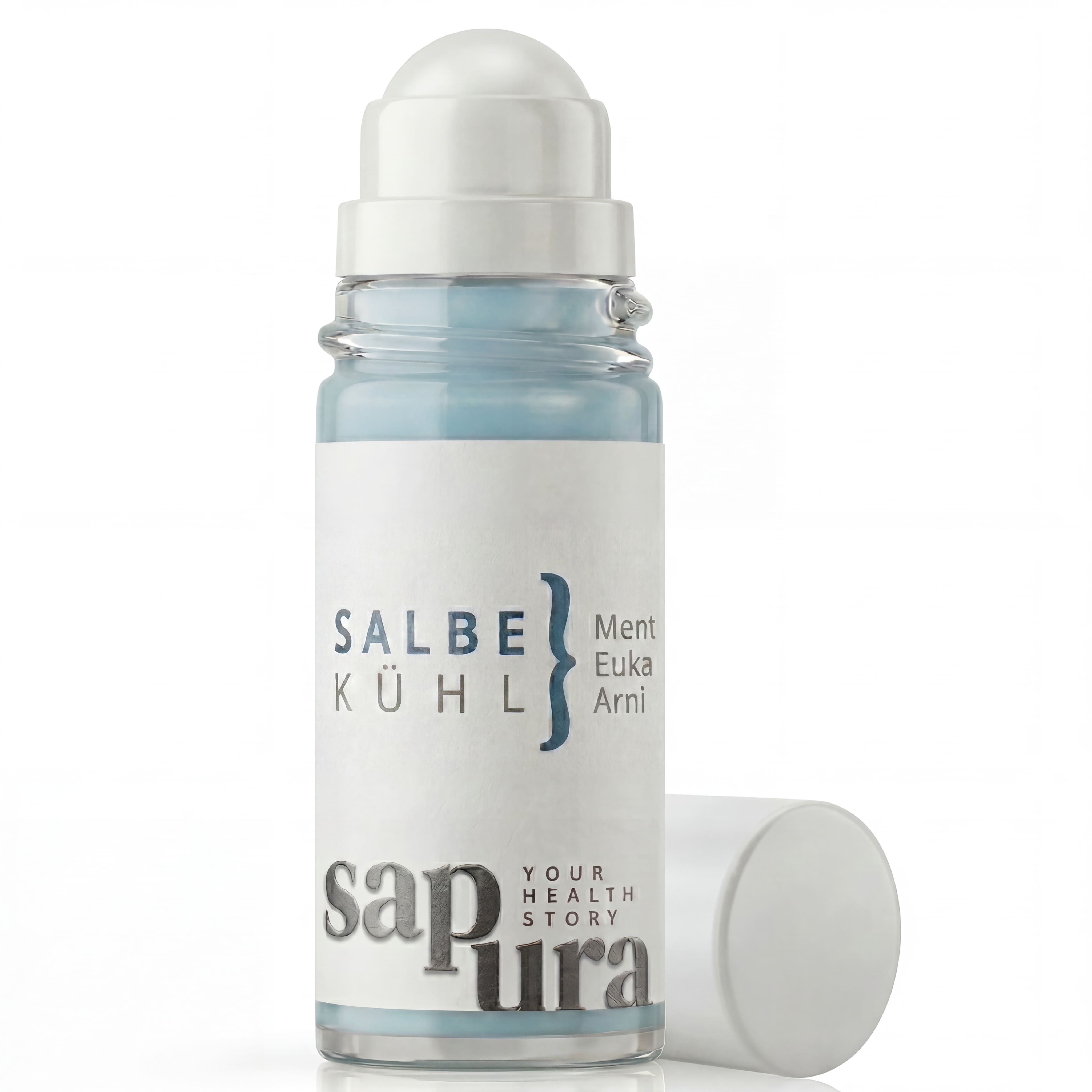 Roll-on baume rafraîchissant avec gel bleu et applicateur blanc.