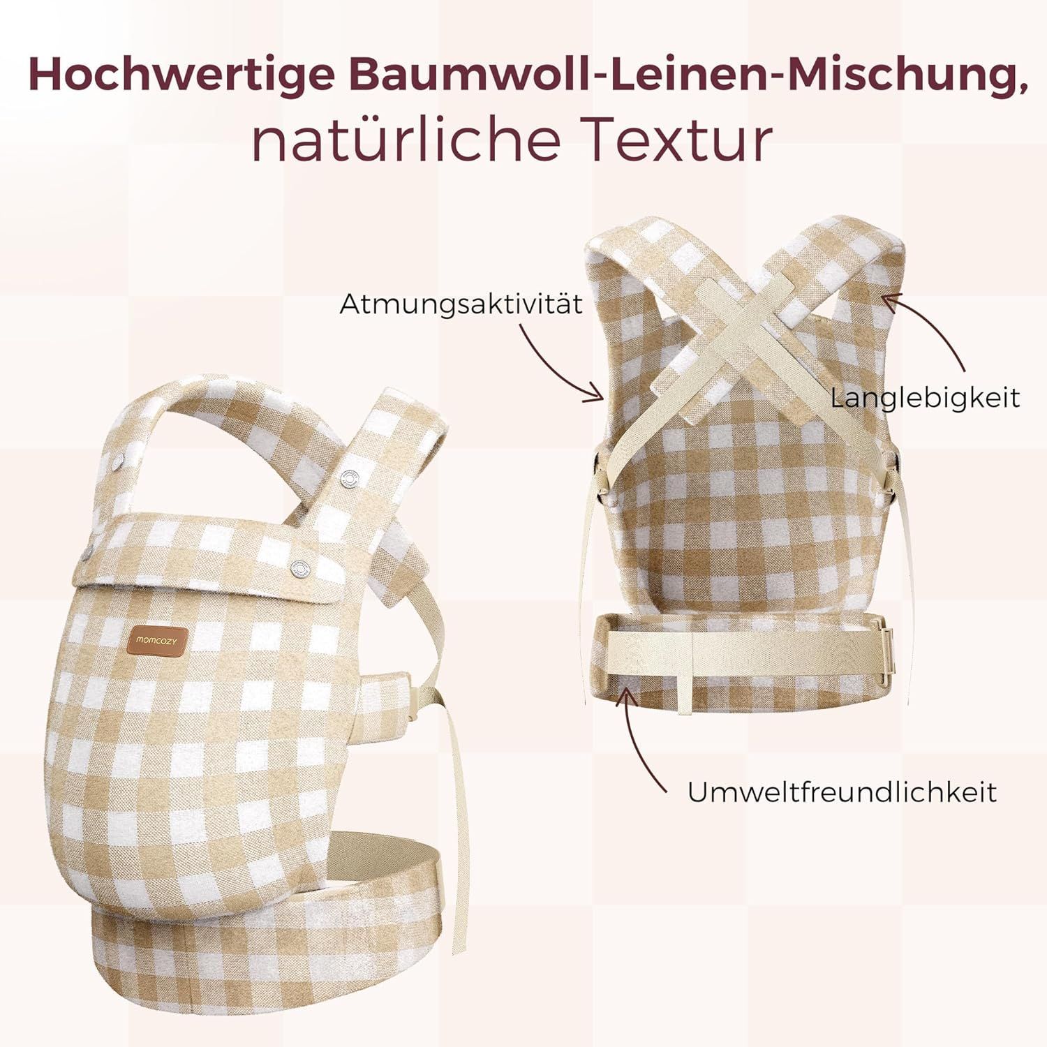 Babydrager met leisteen-ruitpatroon. Links: Vooraanzicht. Rechts: Achteraanzicht met banden.