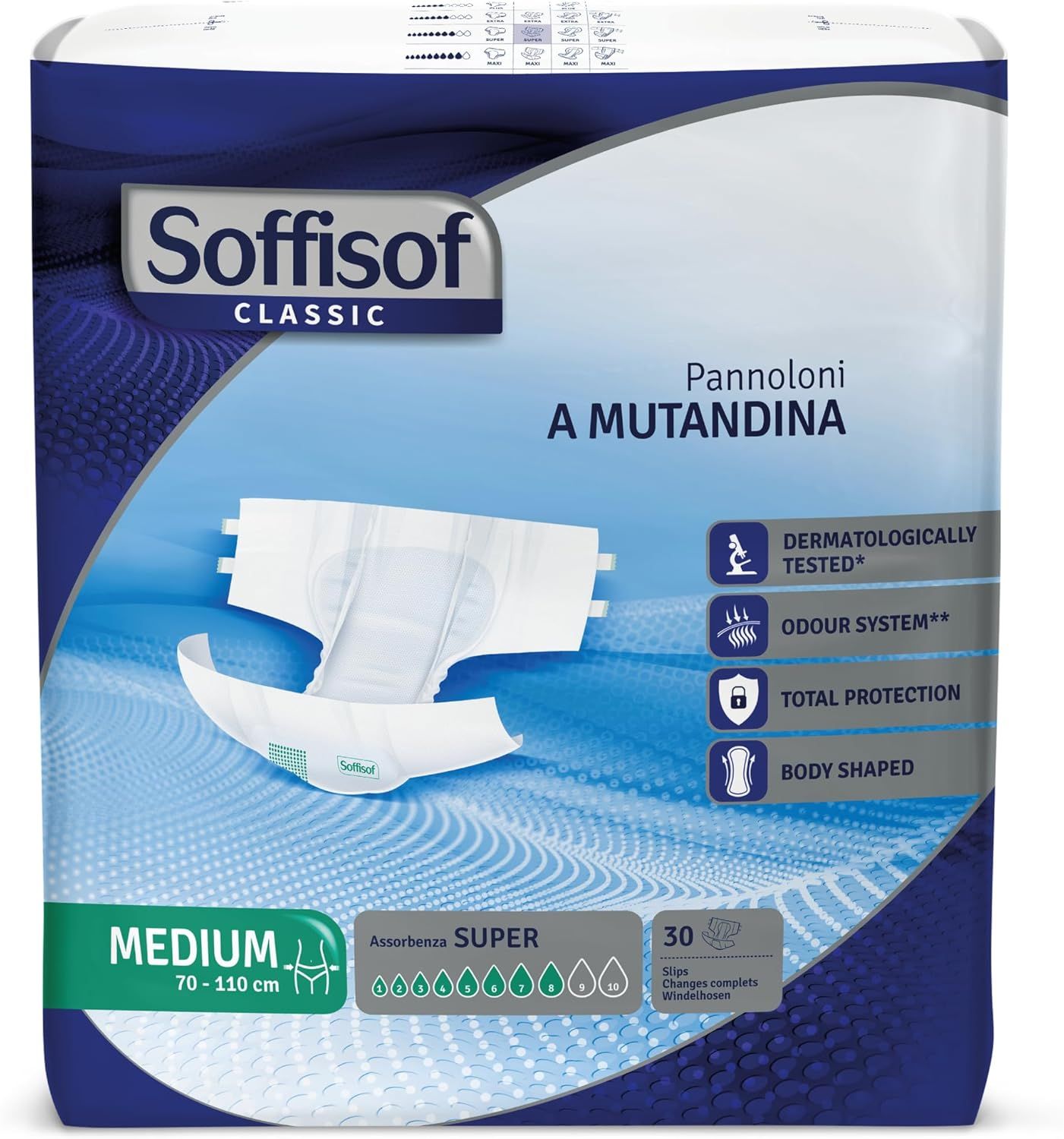 Emballage Soffisof Classic Pannoloni. Medium, 30 pièces. Informations sur l'absorption, testé dermatologiquement.