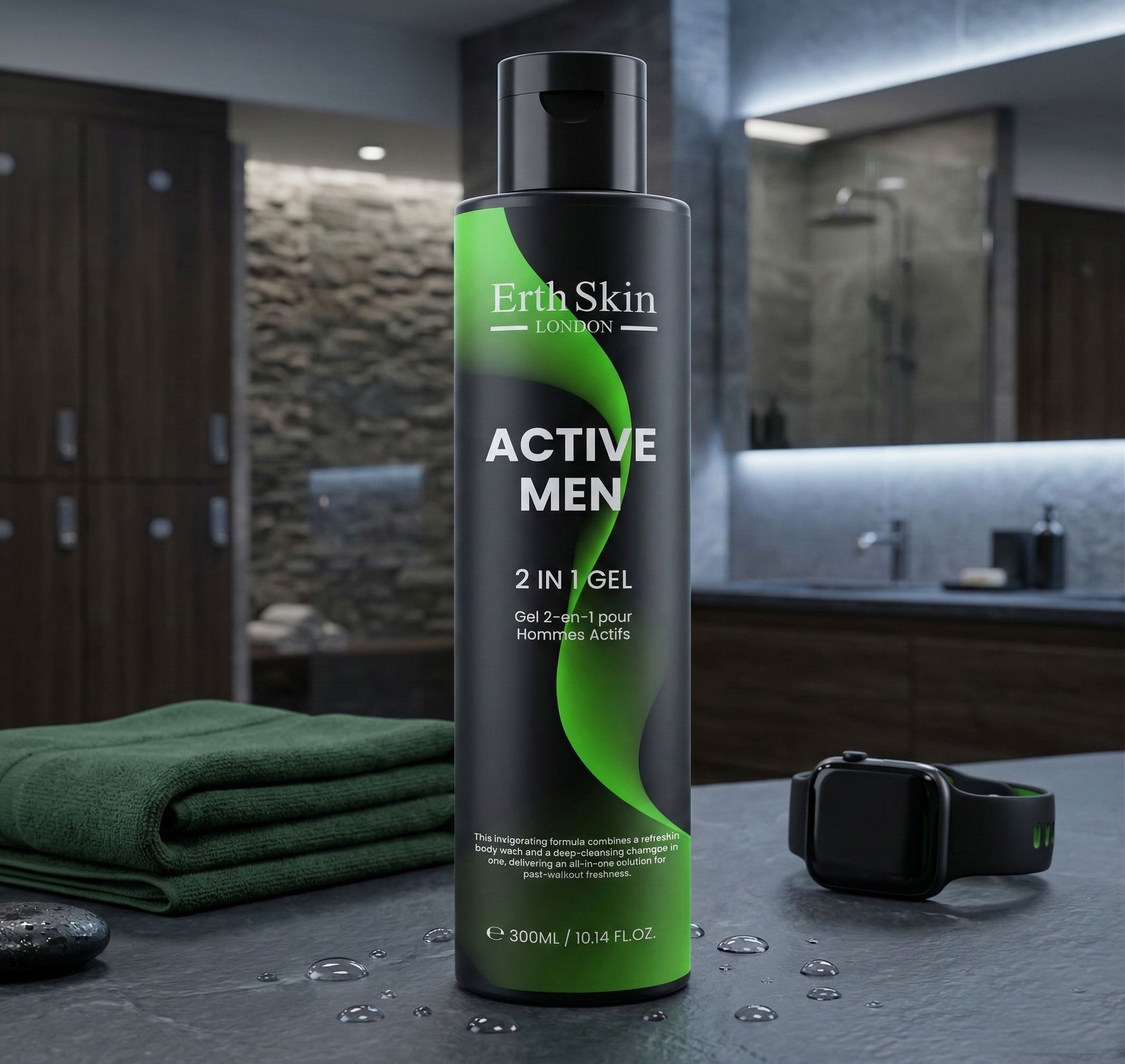 Erth Skin London Active Men Gel 2 en 1 dans une bouteille noire avec un design vert.