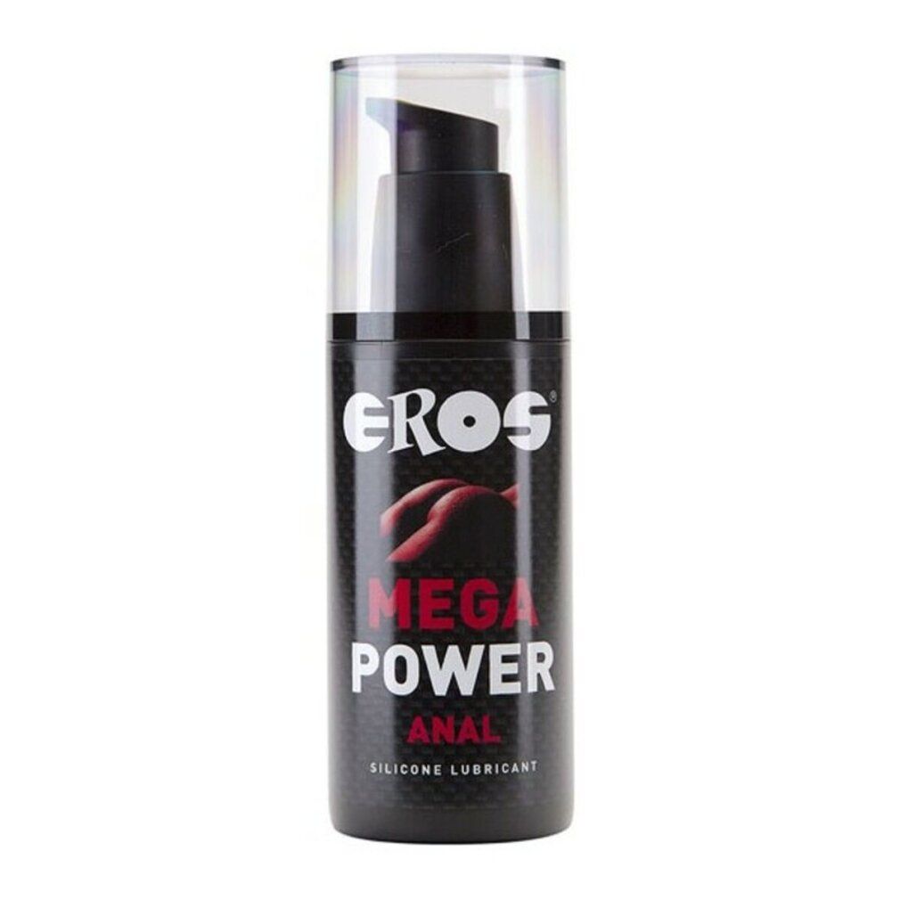 Flacon noir avec pompe. Inscription: EROS MEGA POWER ANAL SILICONE LUBRICANT. Étiquette transparente.