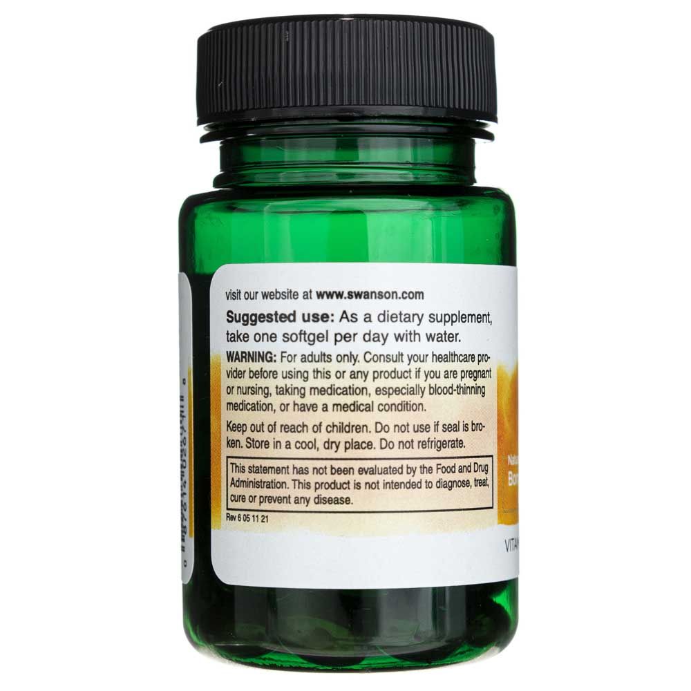 Arrière d'une bouteille de Softgels de Vitamine K-2 SWANSON. Contient des informations sur l'utilisation et le stockage.