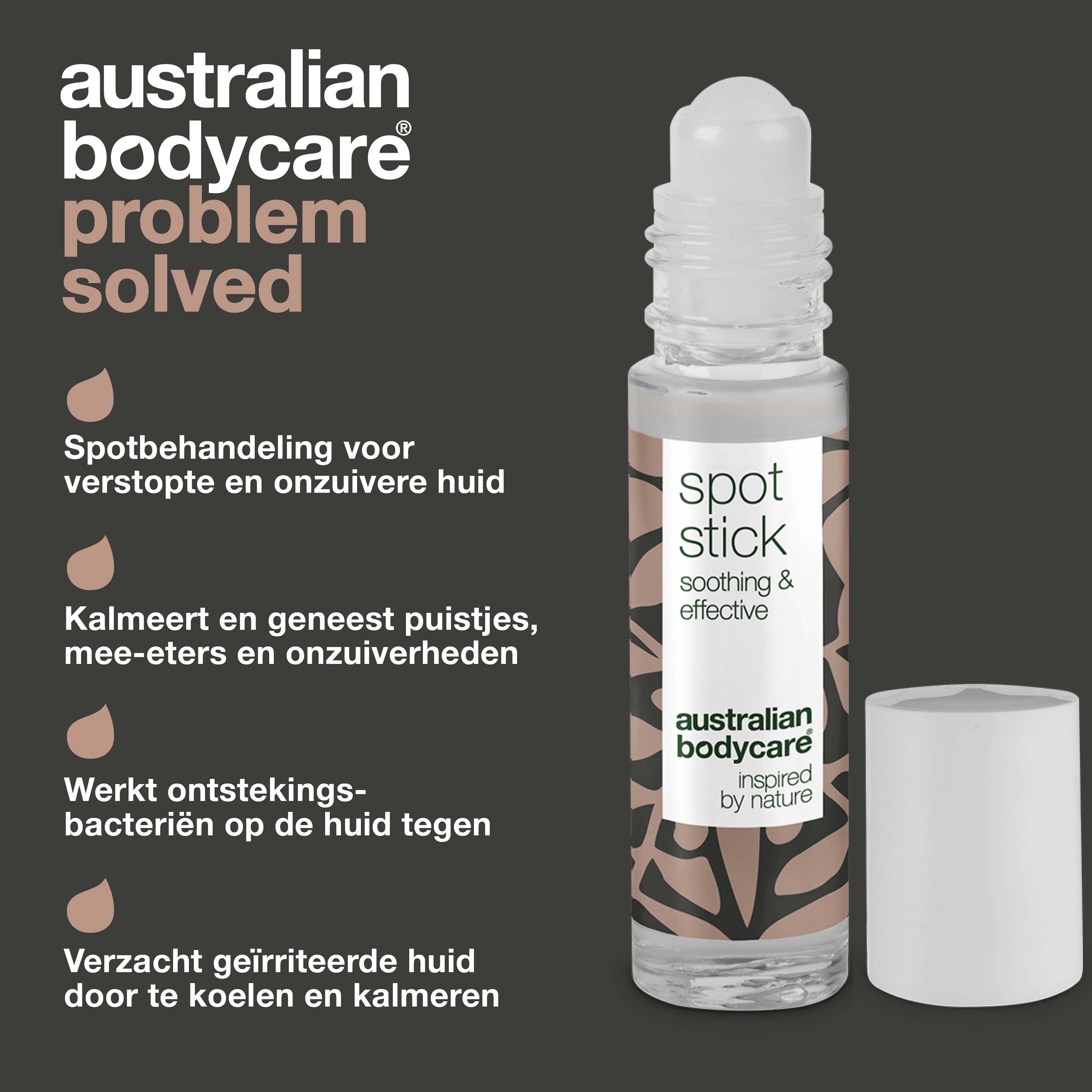 Roll-on stick en tekst. Opschrift: Spot Stick, soothing & effective, Australian Bodycare. Tekst over voordelen.