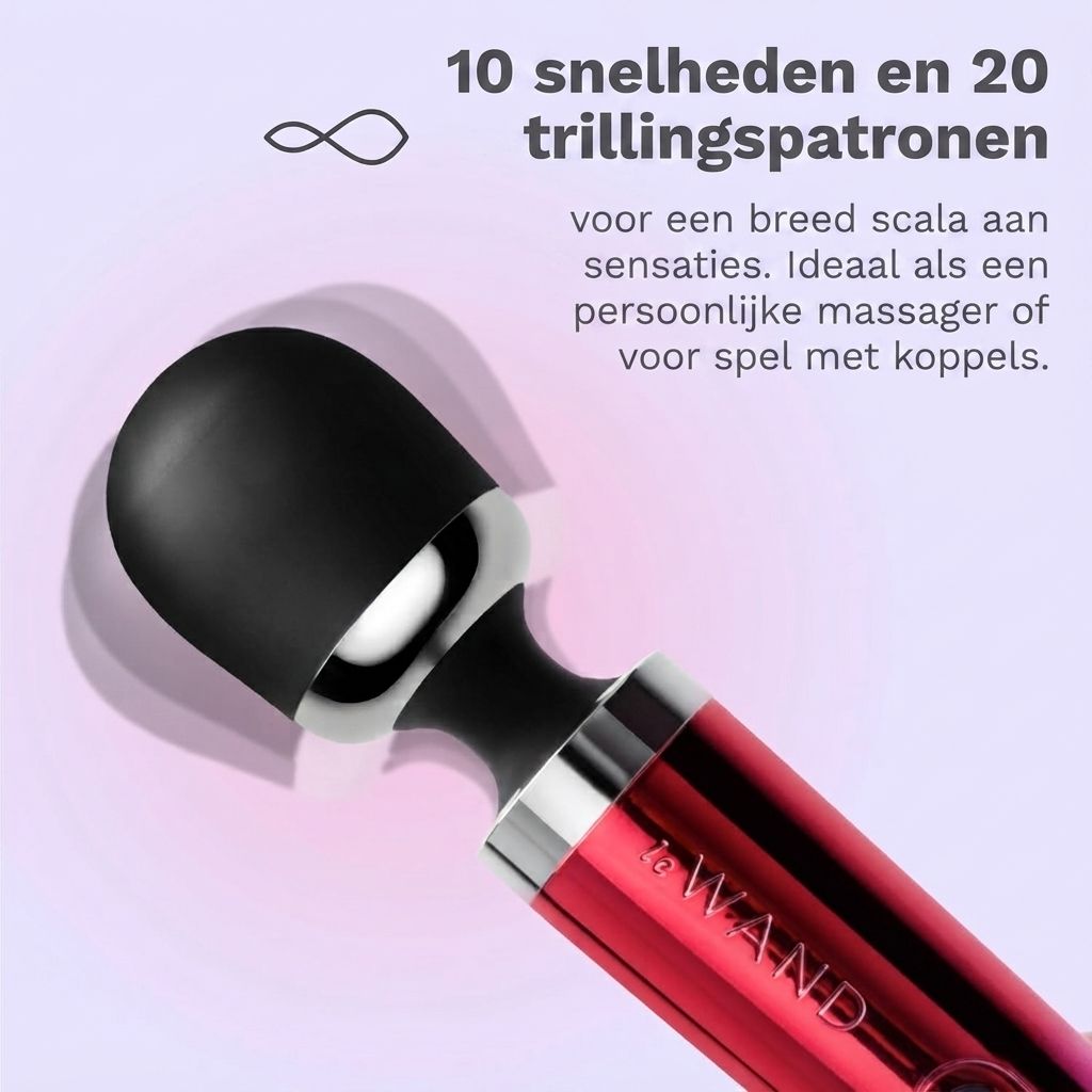 Gegoten massagestaaf, rood-paars, met flexibele kop en hals.
