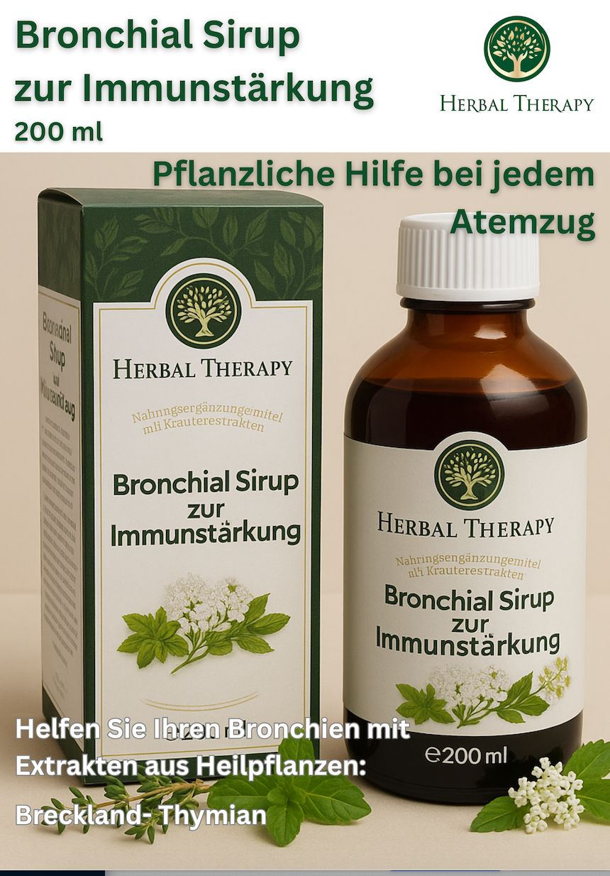 Bouteille et emballage du produit. Inscription: Herbal Therapy, Bronchial Sirup zur Immunstärkung, 200ml.