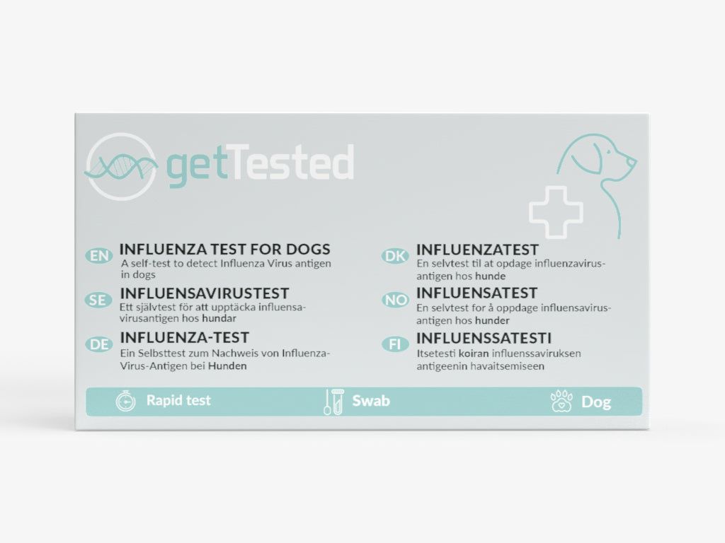 Boîte avec texte multilingue. Comprend la mention "Influenza Test for Dogs" et le logo getTested.