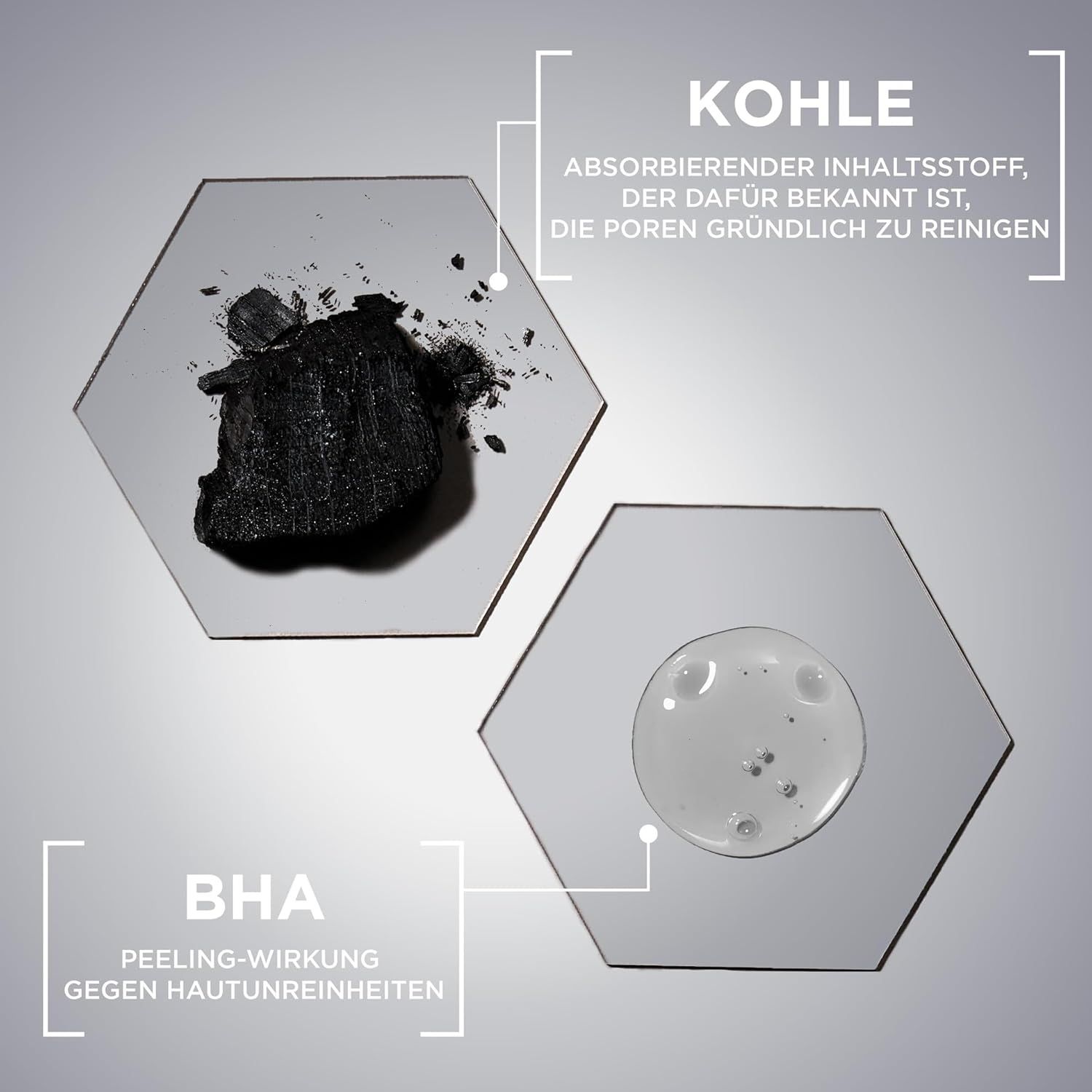 Deux panneaux hexagonaux. En haut : charbon. En bas : liquide. Texte : BHA effet peeling contre les imperfections.