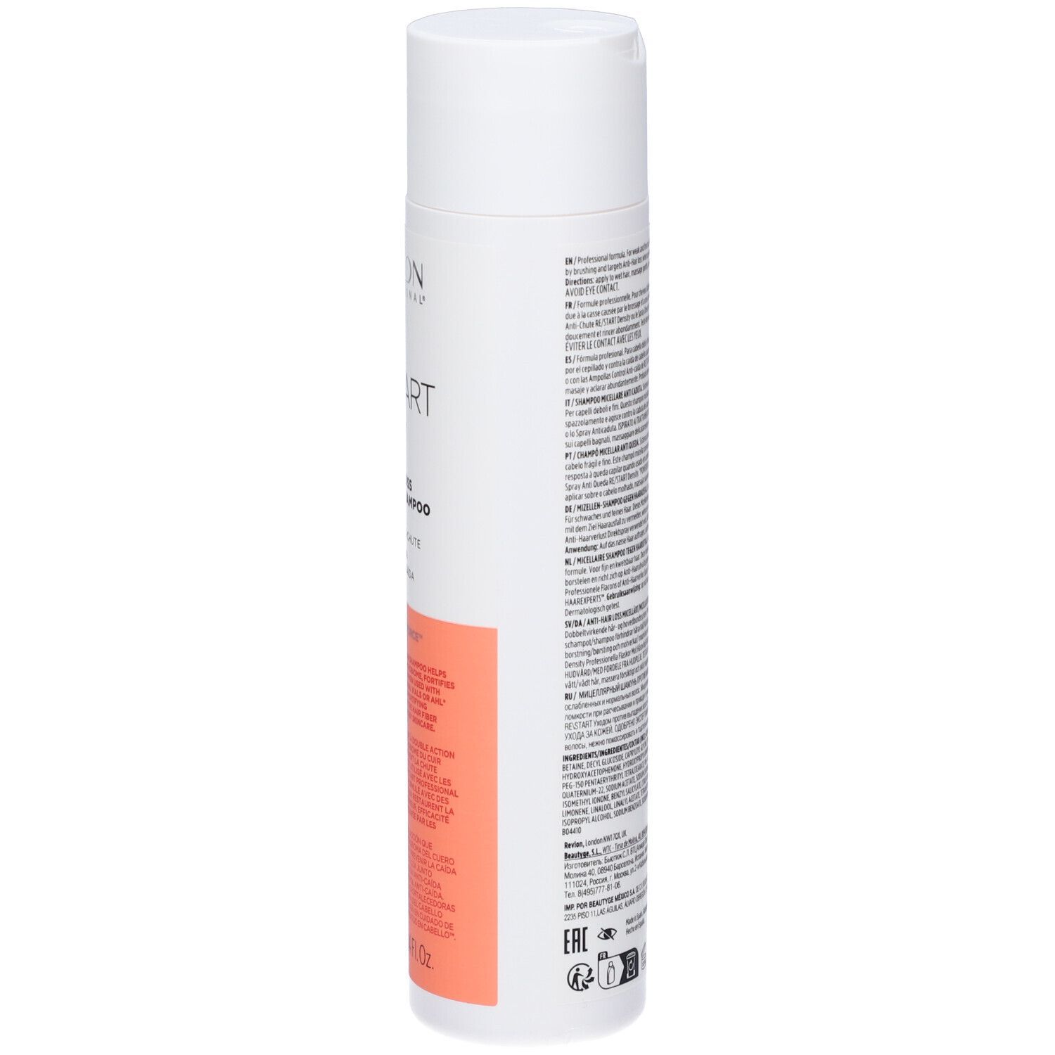 Flacon de shampooing blanc et rose. Texte: RE/START Density, Shampooing Micellaire Anti-Chute. 250ml.