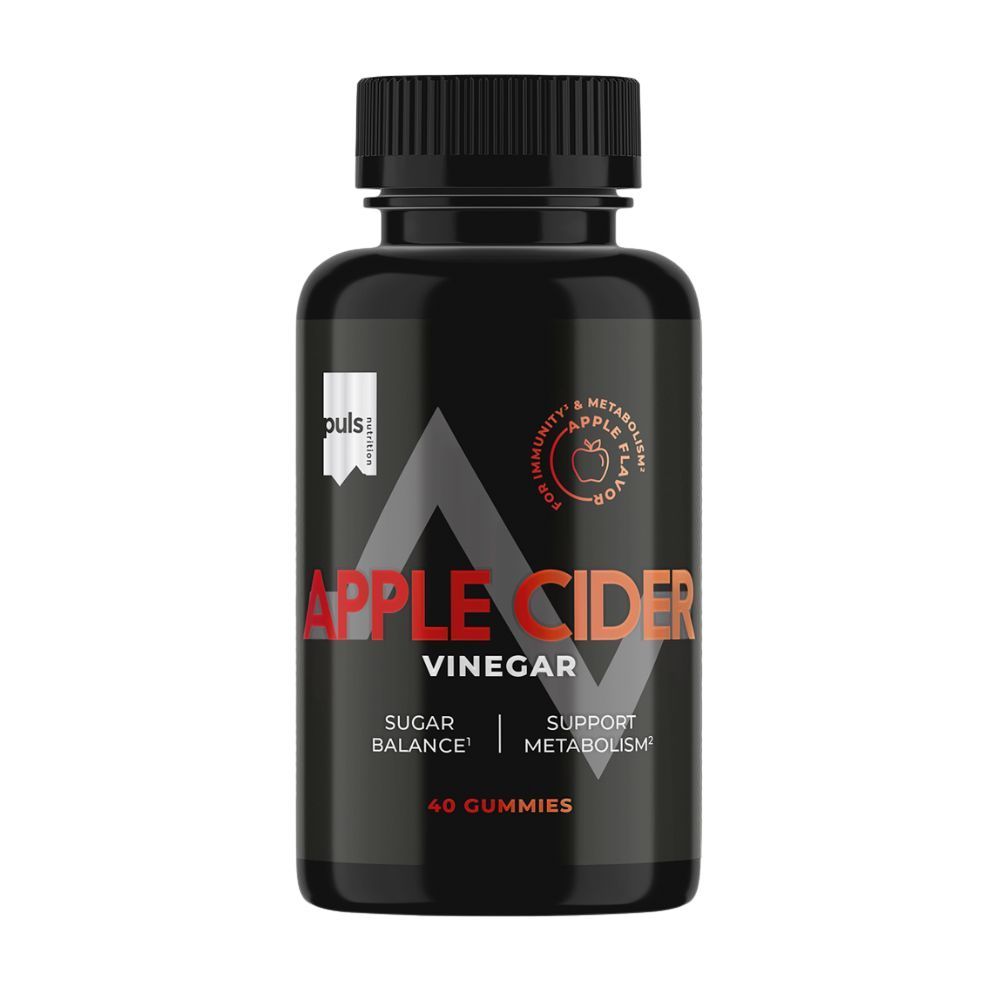 Zwarte fles met "Apple Cider Vinegar". Bevat 40 gummies. Merk: Puls Nutrition.