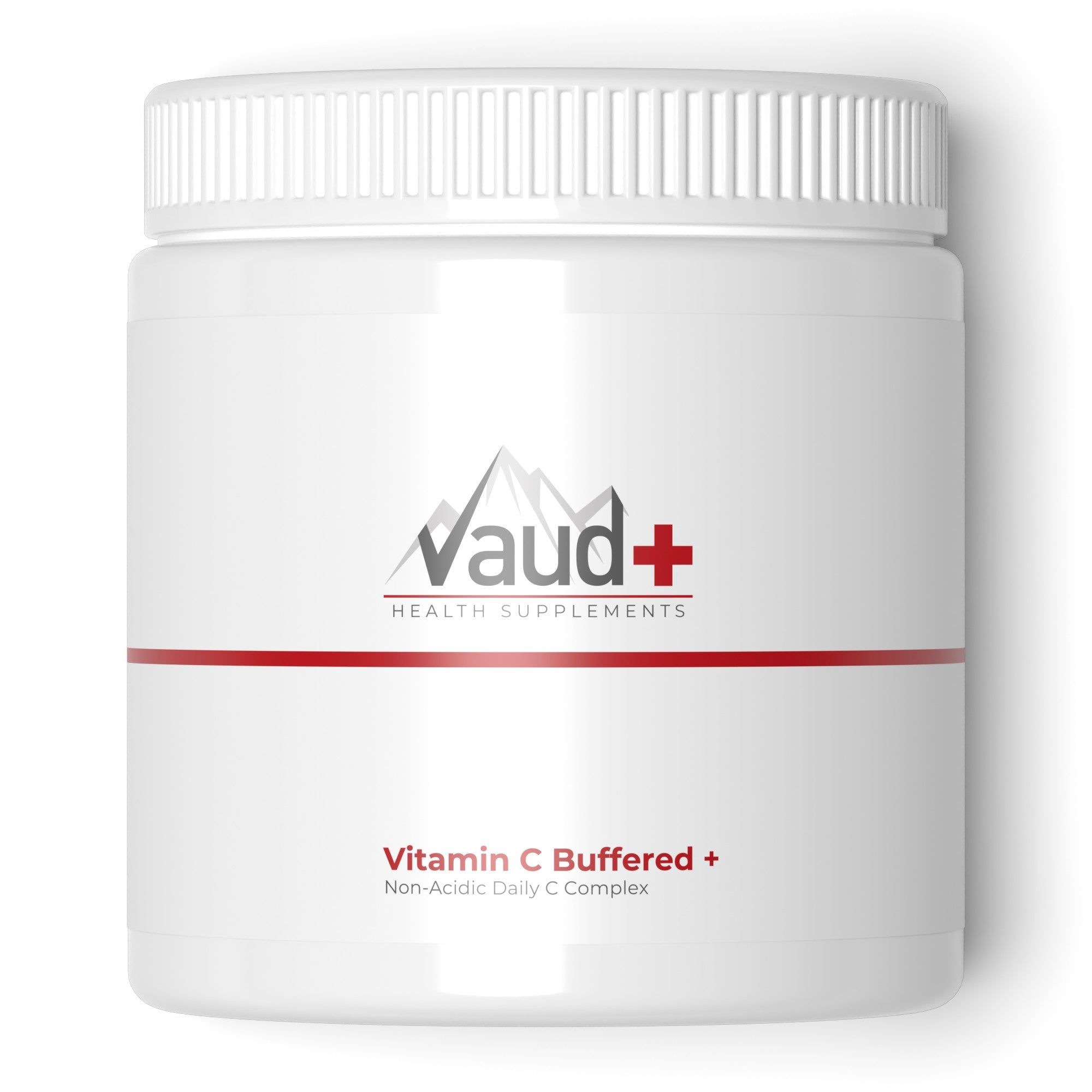 Pot blanc avec bouchon à vis. Bande rouge et texte: Vaud+, Vitamin C Buffered. Complément de santé.