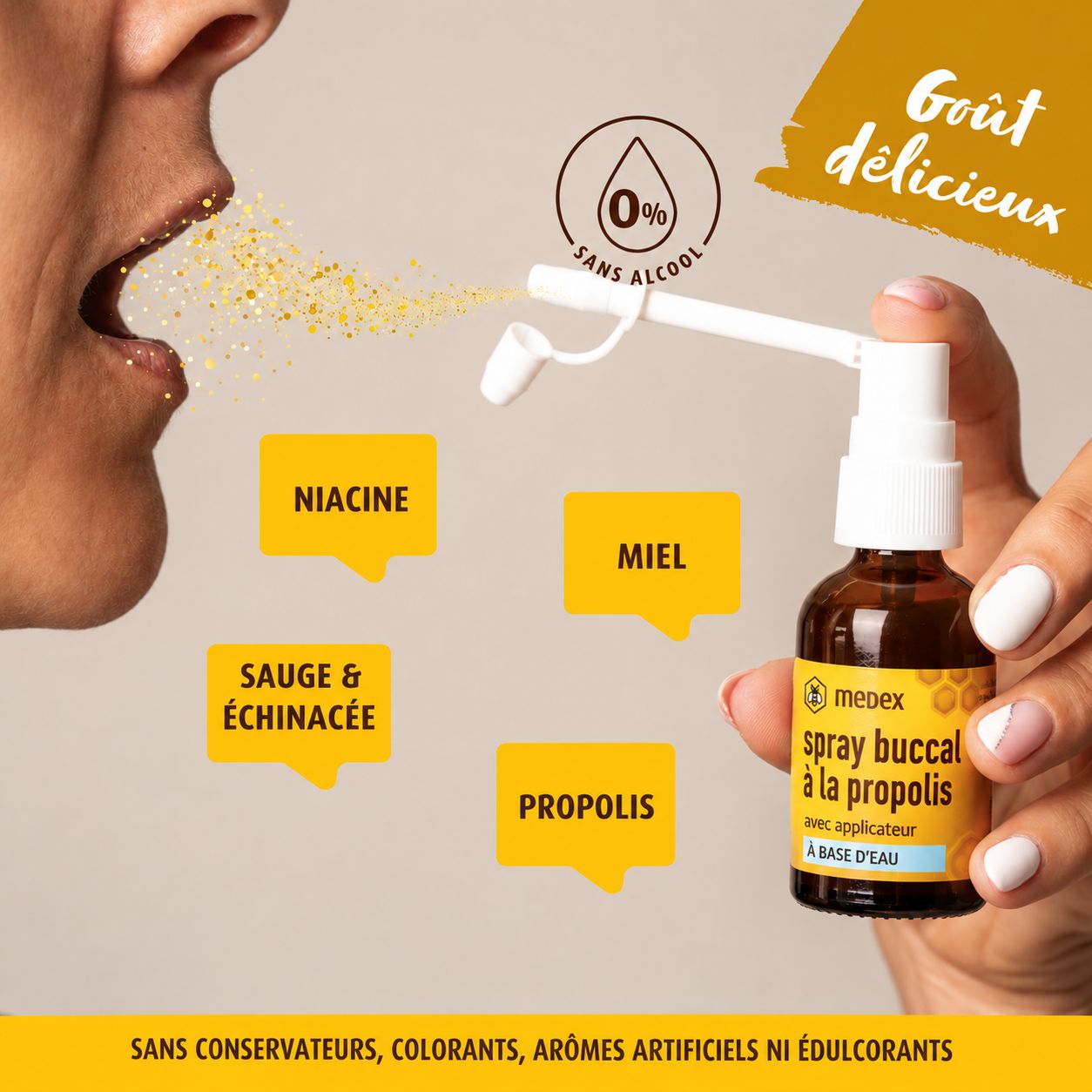 Personne pulvérisant du spray buccal Medex Propolis Oral. "0% alcool".