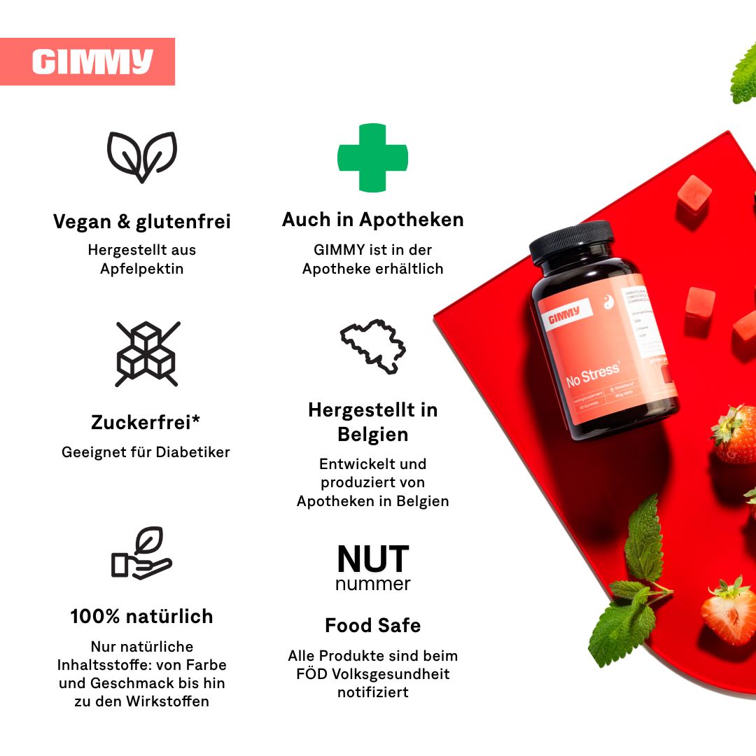 Bouteille GIMMY No Stress Gummies, entourée de symboles : vegan, sans gluten, sans sucre, 100% naturel, fabriqué en Belgique, pharmacies.