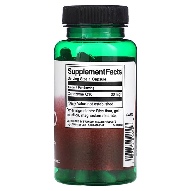 Dos du flacon vert. Étiquette "Supplement Facts", "Coenzyme Q10 30 mg" et ingrédients.