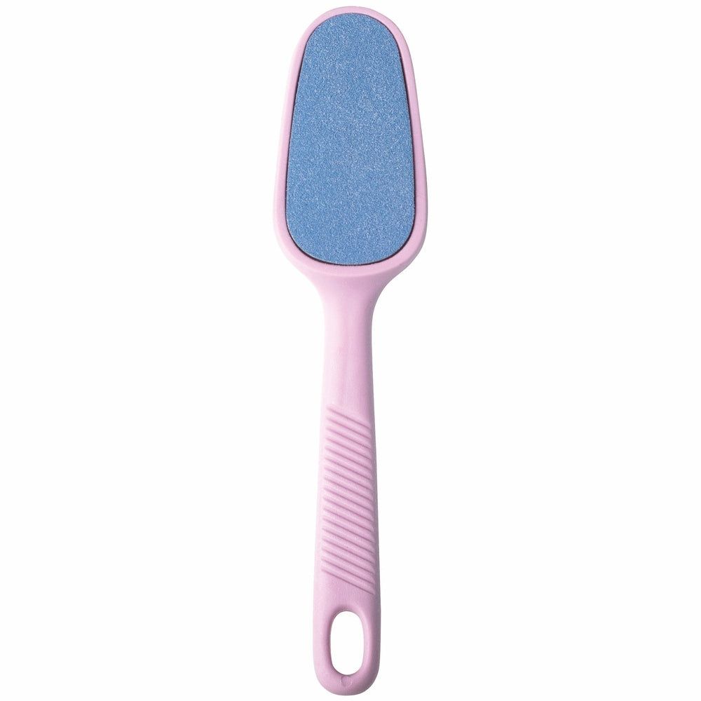 Râpe à pieds en céramique avec manche rose et surface abrasive bleue.
