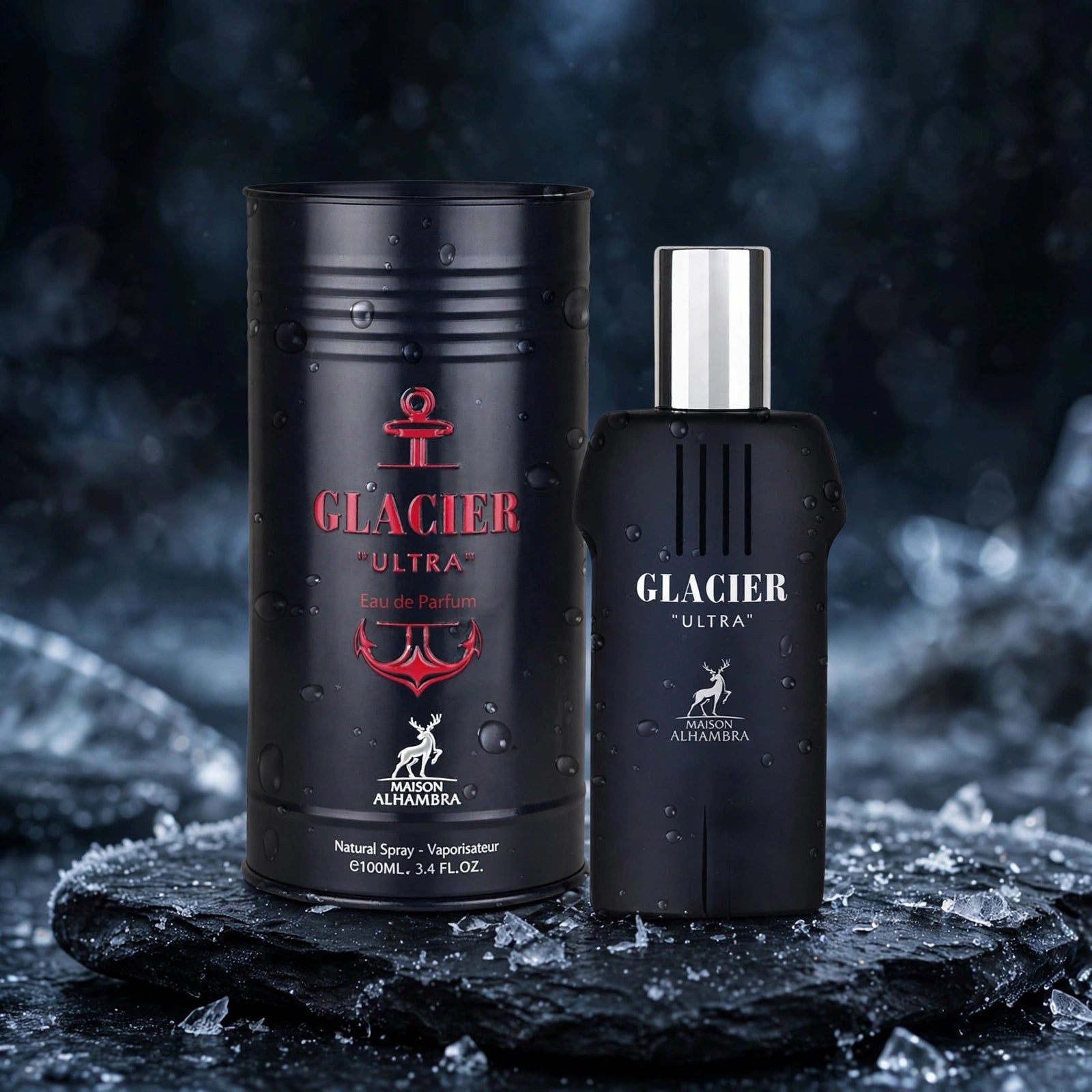Flacon de parfum noir et boîte Glacier Ultra.