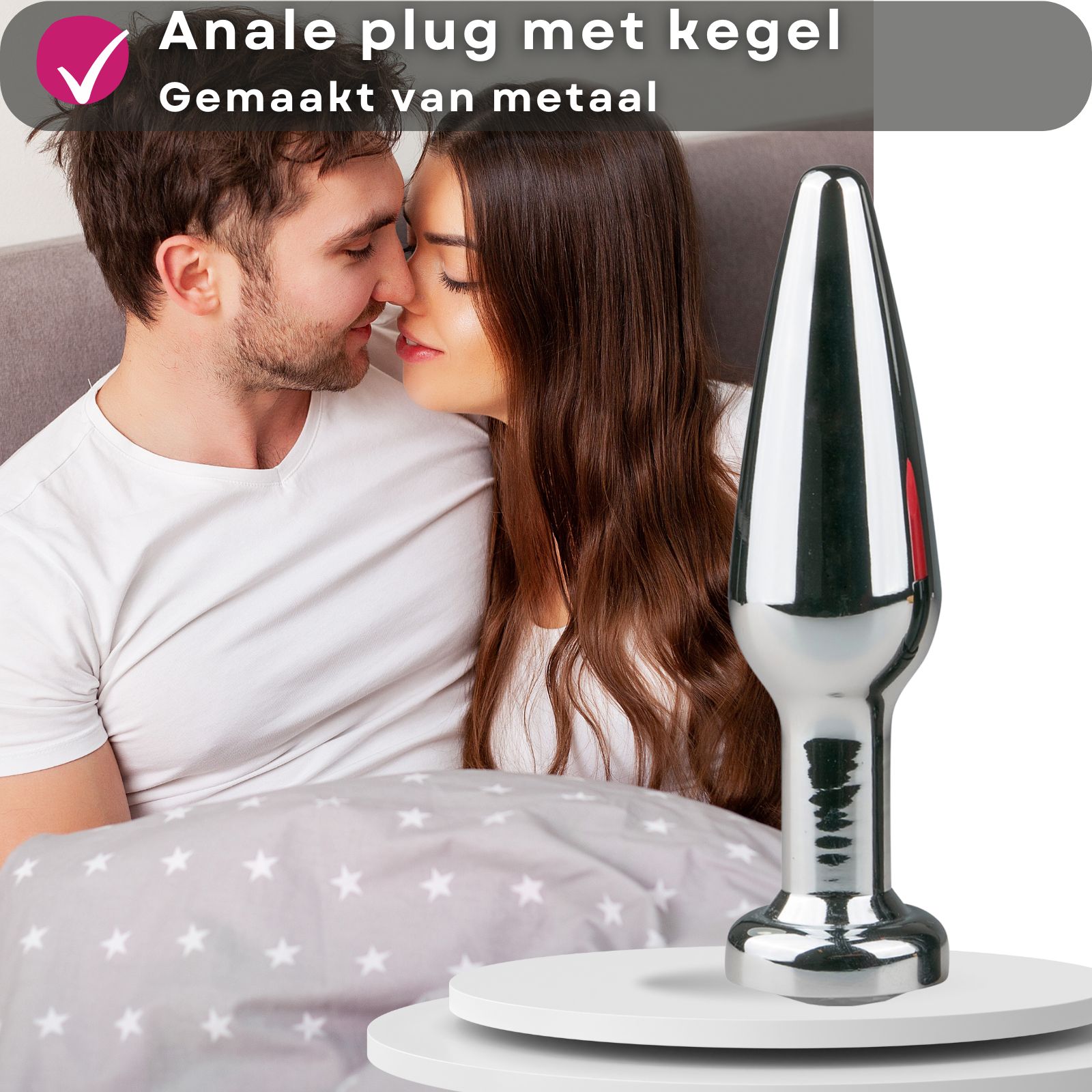 Productafbeelding met tekst. Anale plug met kegel, zilver, 11 cm, van metaal, met siersteen.