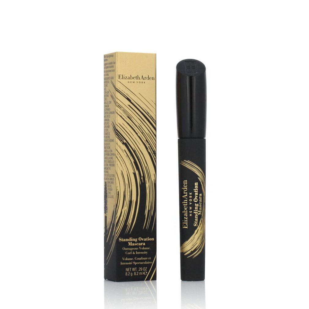 Mascara Elizabeth Arden Standing Ovation Black. Mascara noire et emballage doré. Texte: nom du produit, marque, volume.