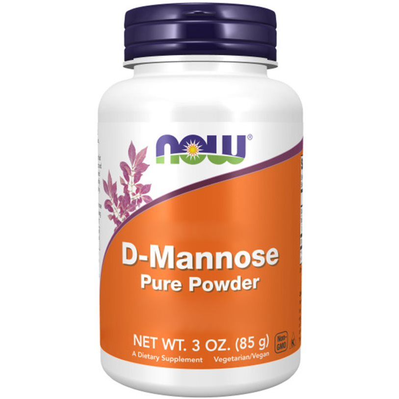 Witte pot met blauwe deksel. Opschrift: NOW, D-Mannose Pure Powder. Netto gewicht: 3 oz. (85 g).