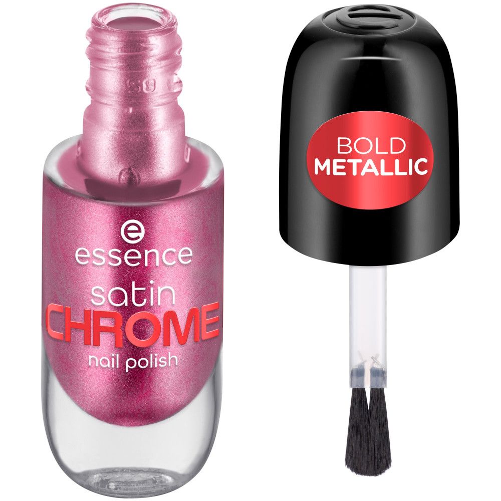 Flacon de vernis à ongles rose ouvert. Bouchon noir avec autocollant rouge "BOLD METALLIC". Pinceau visible.