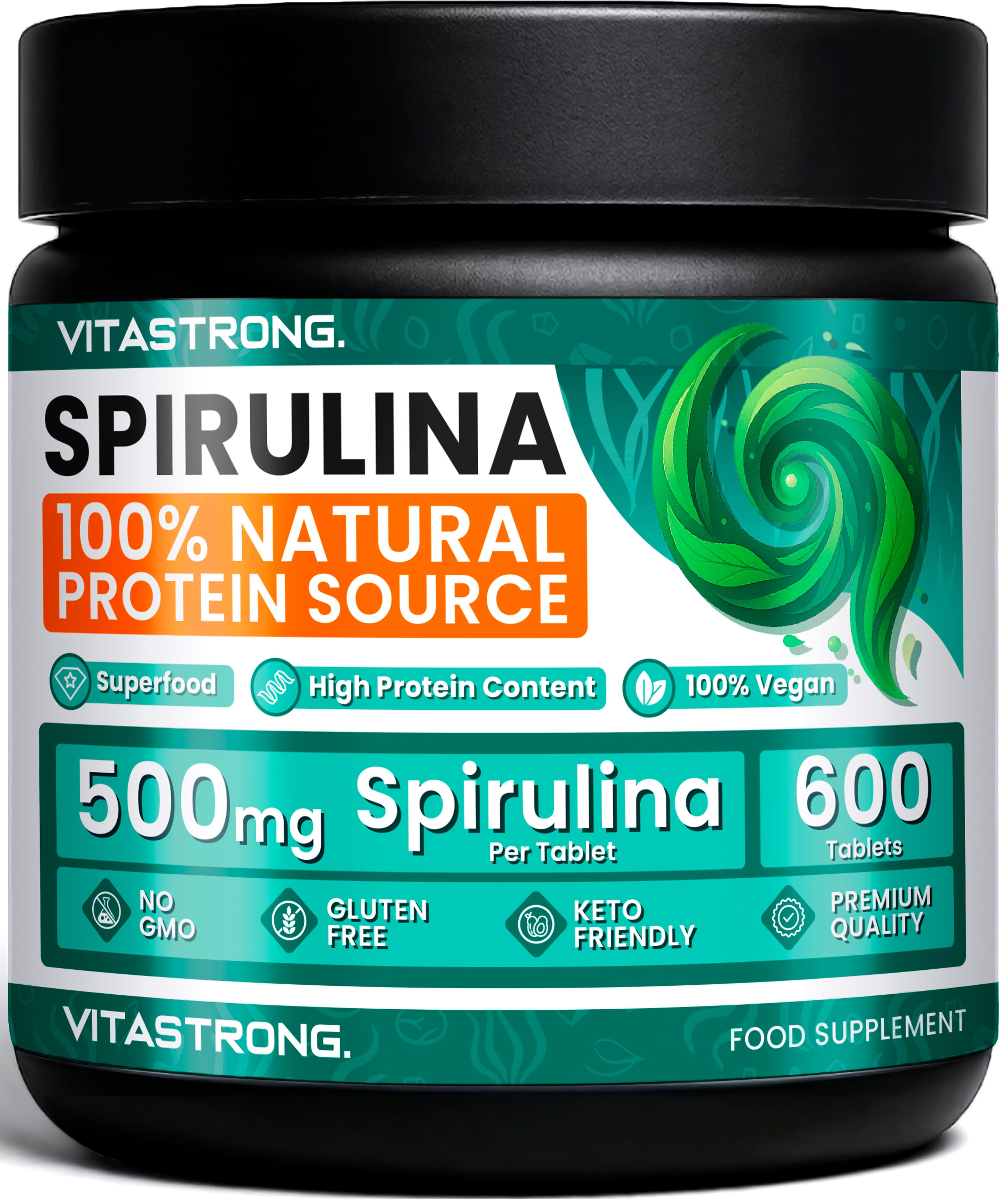 Pot de Vitastrong Spiruline, 600 comprimés, 500mg par comprimé. Source de protéines 100% naturelle.