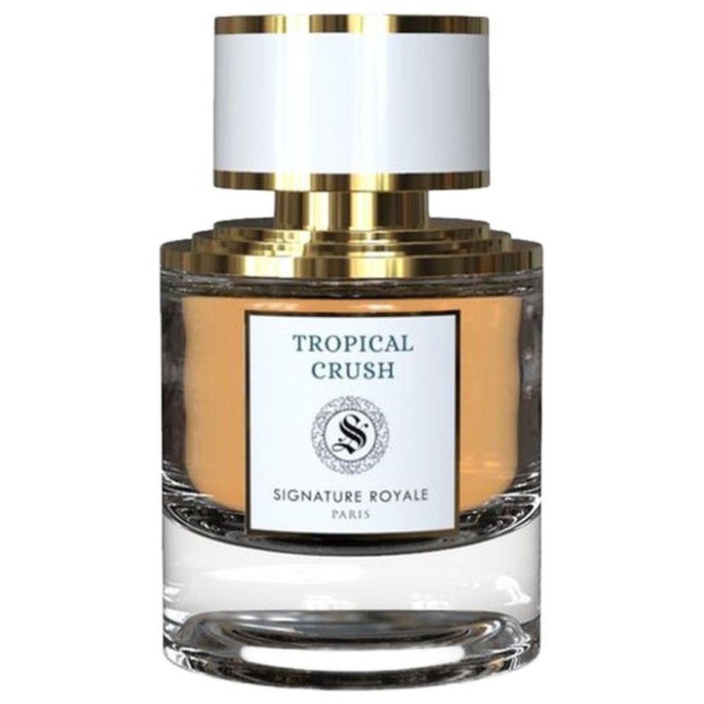 Parfumfles met gouden dop en witte deksel. Opschrift: Tropical Crush. Logo en merknaam.