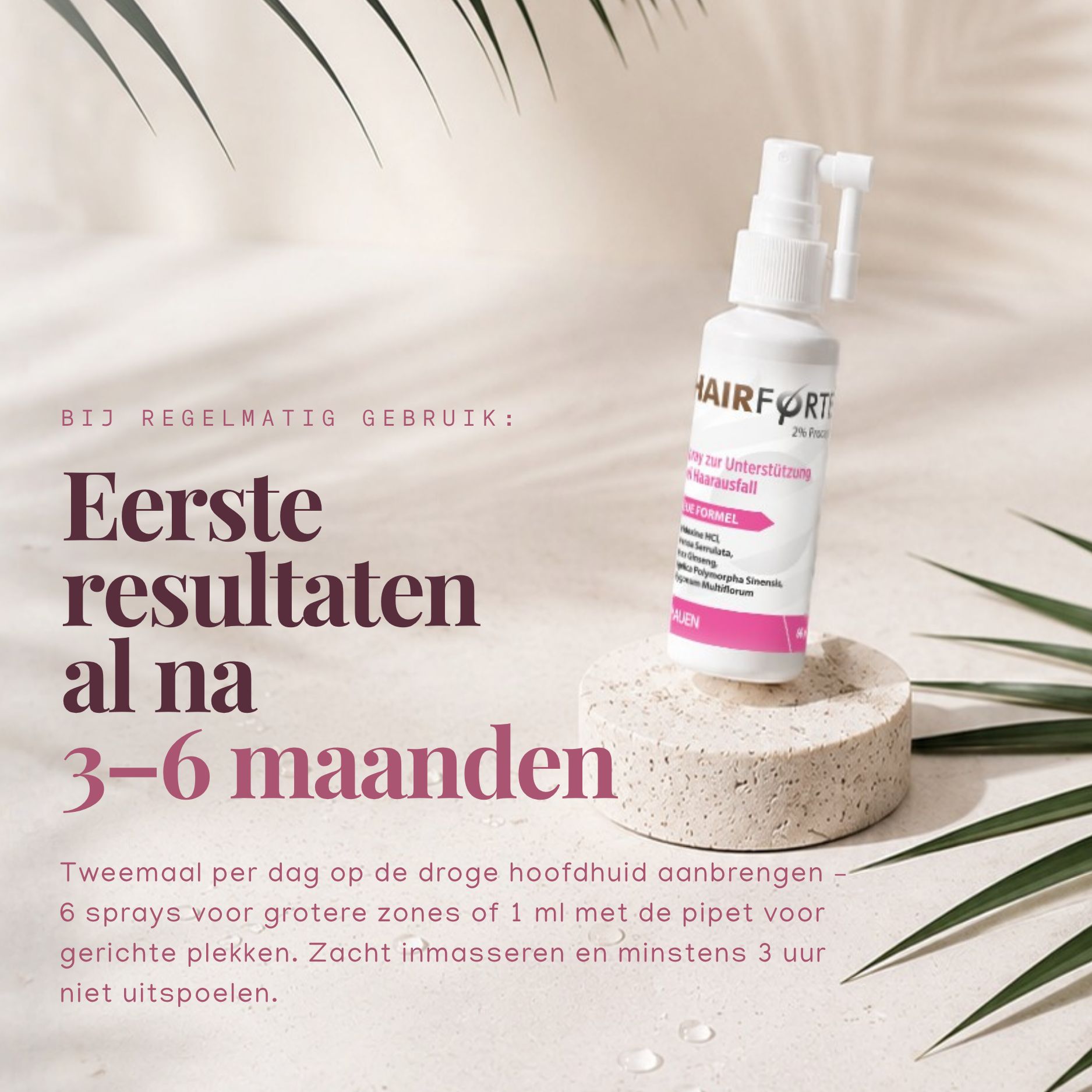 Hairforte Spray 2% Procapil op stenen voetstuk met palmbladeren.
