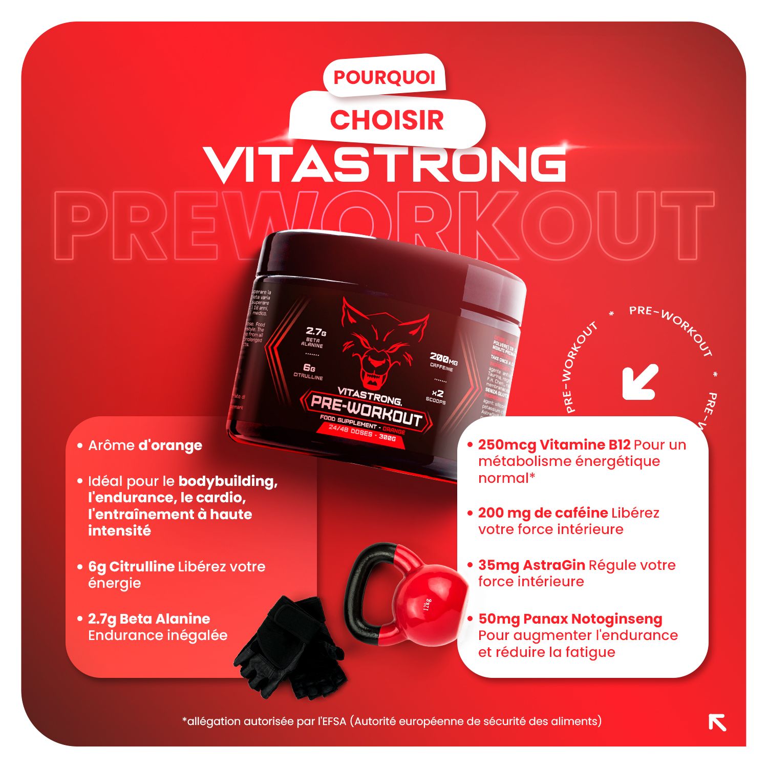 Vitastrong Pre-Workout pot. Rode achtergrond. Tekst: Waarom Vitastrong Pre-Workout kiezen? Sinaasappelsmaak.