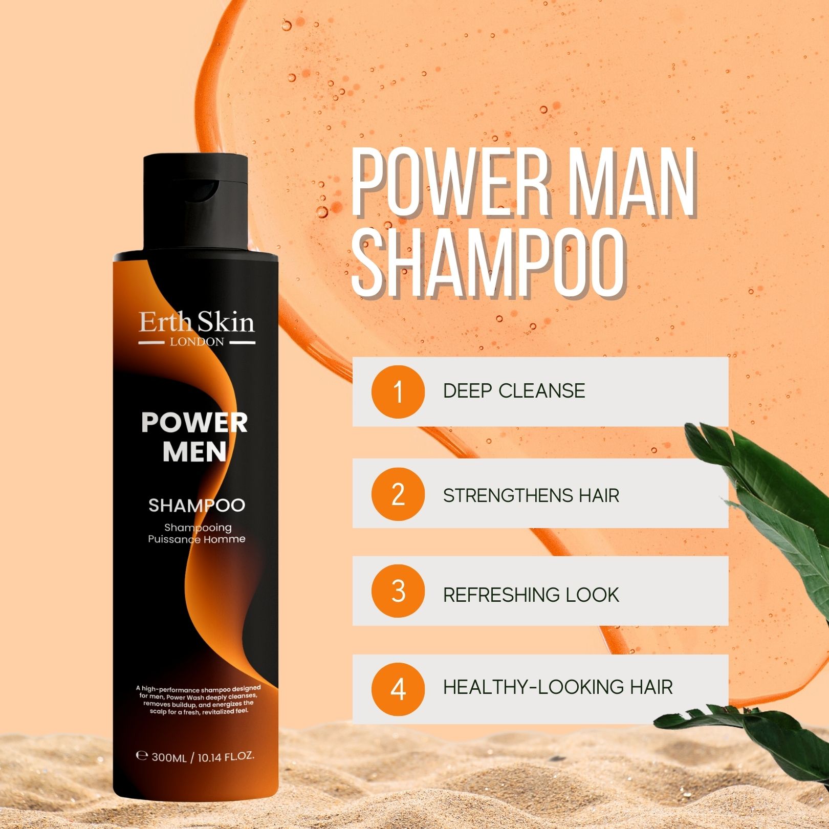 Zwarte shampoo fles met oranje design. Erth Skin London, Power Men Shampoo, met 4 voordelen.