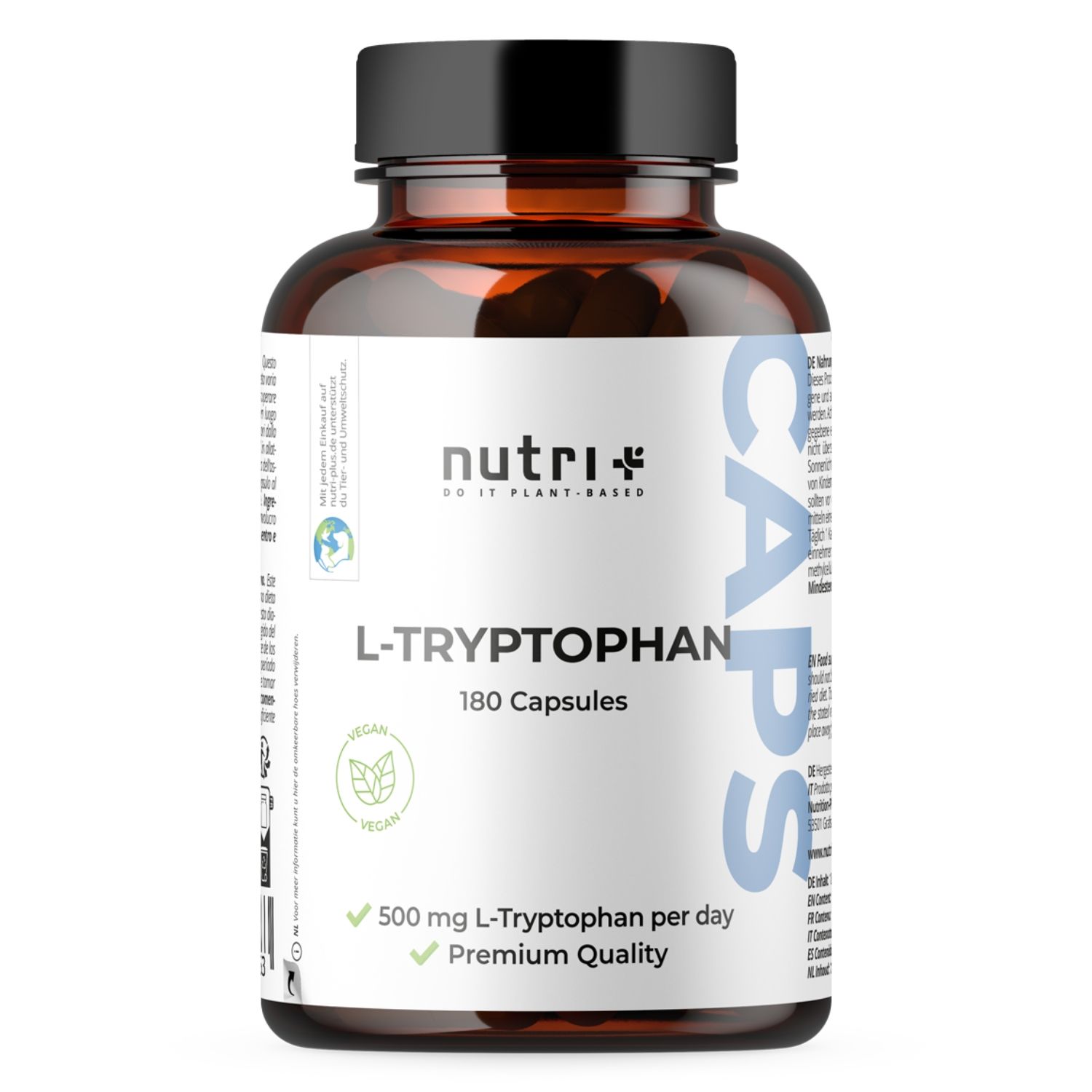 Flacon brun avec couvercle noir. Inscription: nutri+ L-TRYPTOPHAN CAPS. 180 gélules. Label vegan. 500 mg L-Tryptophane par jour. Qualité supérieure.