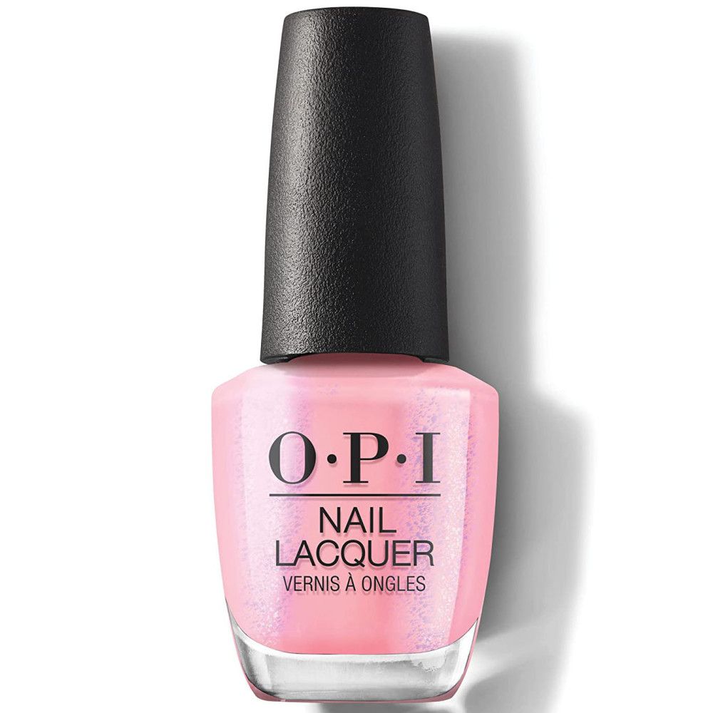 OPI nagellakfles. Roze lak, zwarte dop. Opschrift.