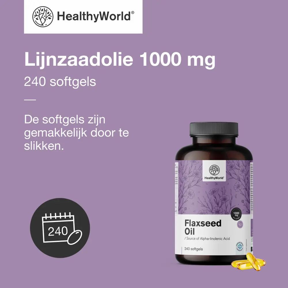 Collage: Lijnzaadbloemen, fles lijnzaadolie, logo, tekst.