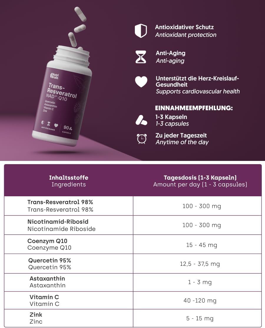 Bouteille de NUTRIBRAIN Trans-Resveratrol NAD+ Q10 avec liste d'ingrédients détaillée.