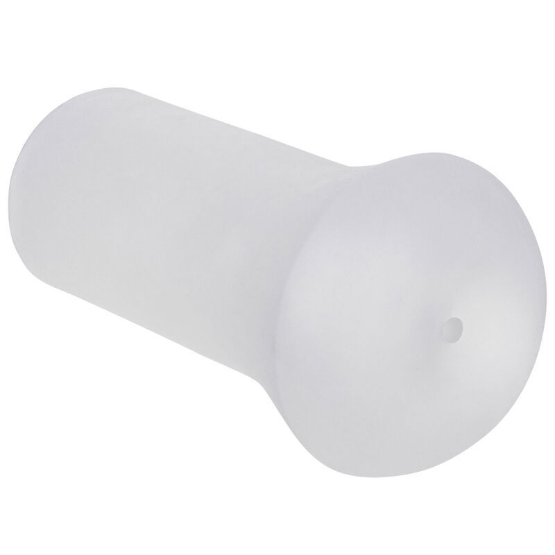 Een witte, cilindrische masturbator met een afgeronde punt en een klein gaatje.