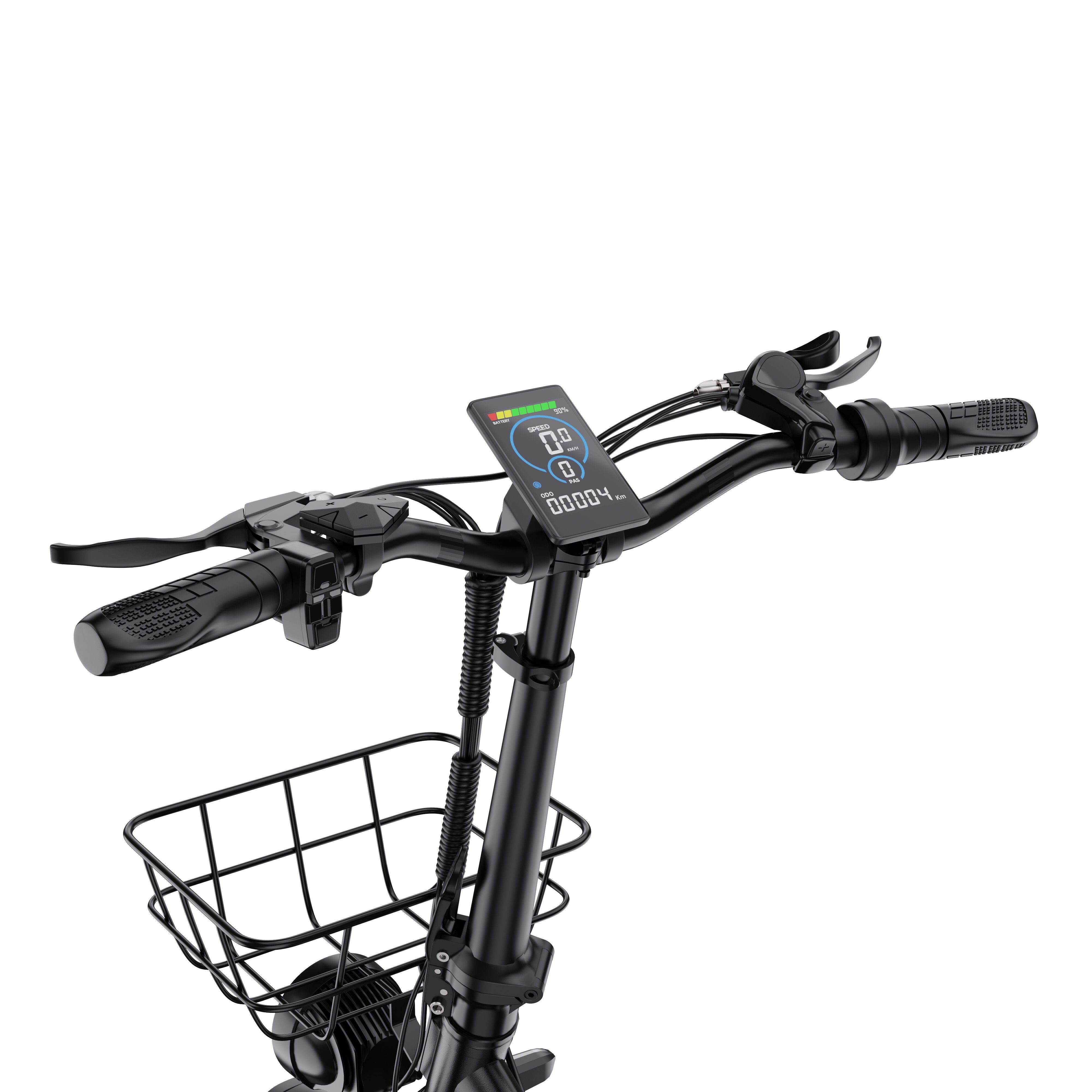 Stuur van zwarte e-bike met display, mand en bediening. DRVETION-opschrift.