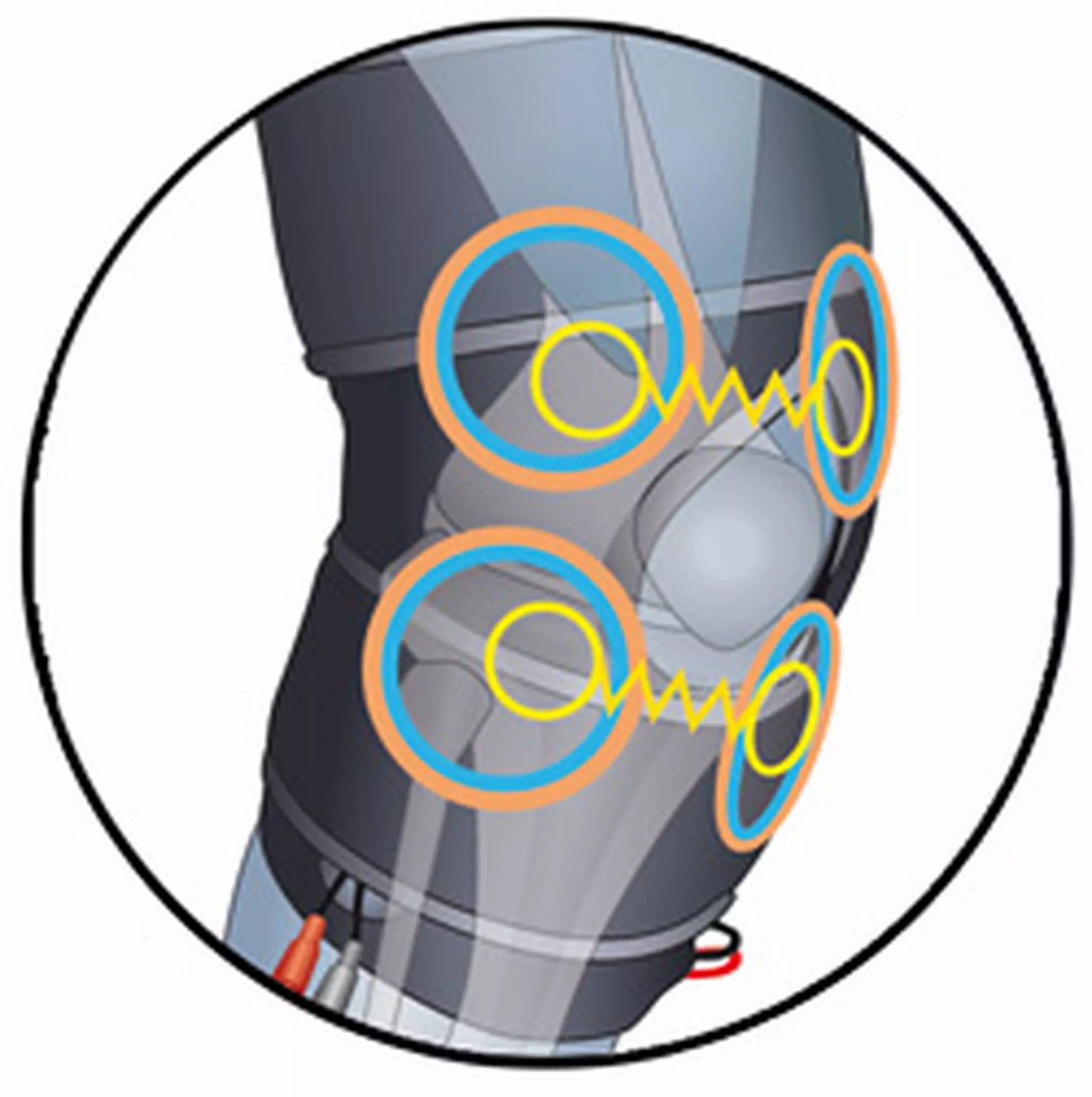 Illustratie van een kniegewricht met gekleurde cirkels en lijnen. Weergave van de anatomische structuur van de knie.