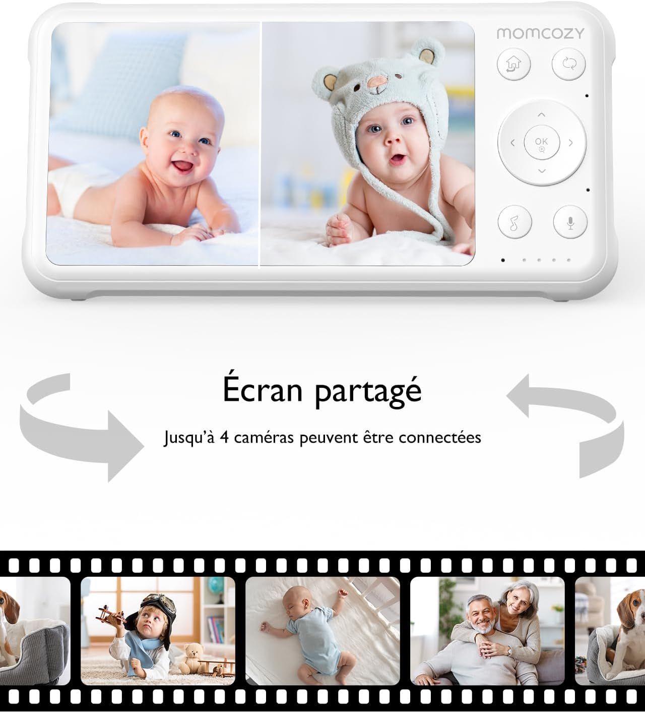 Babyphone blanc à écran partagé, montrant deux bébés. Le logo 'momcozy' est en haut à droite.