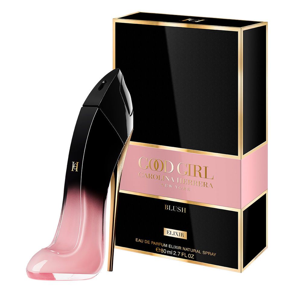 Zwarte en roze parfumfles in de vorm van een high heel met verpakking. Gouden accenten en tekst.