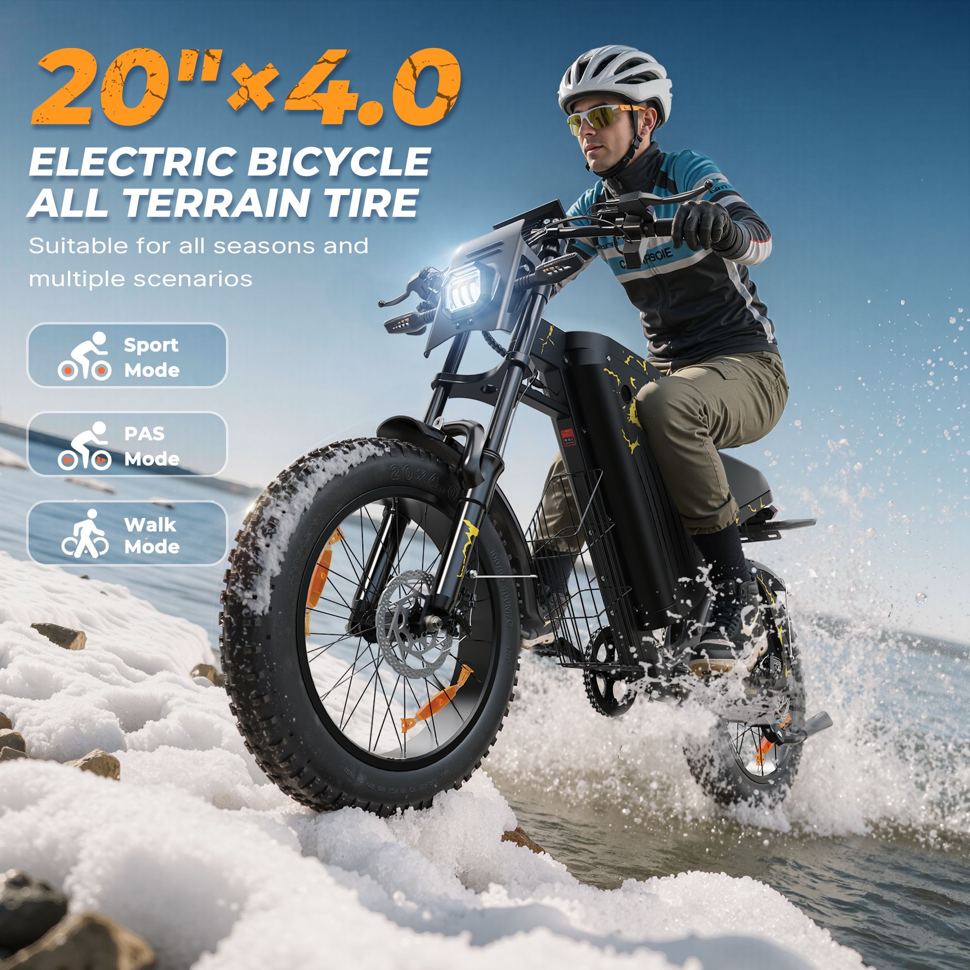 E-bike met 20"x4.0 all-terrain banden. Sport-, PAS- en Walk-modus. Man rijdt door water.