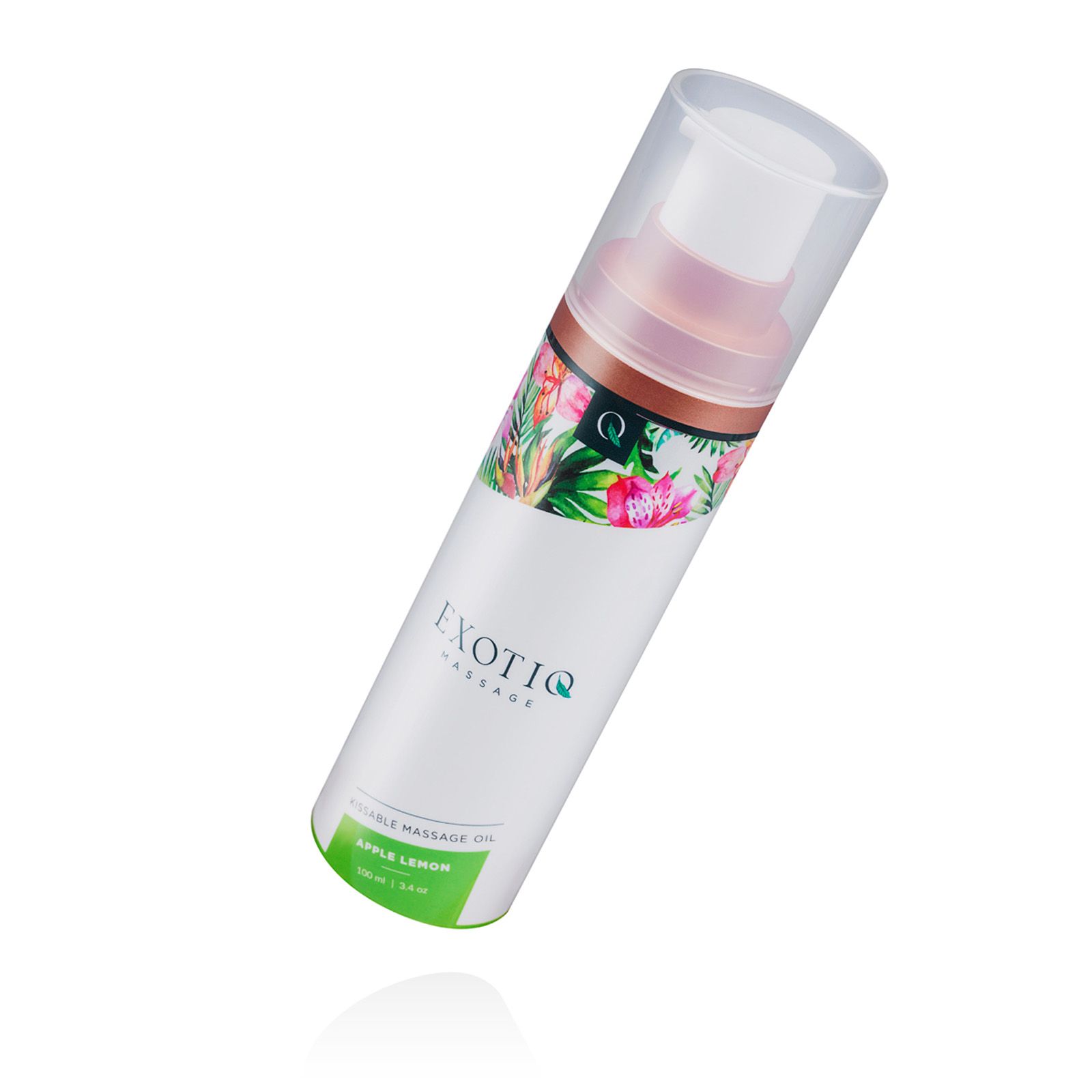 Massageolie fles met bloemen design en transparante dop. Opschrift: EXOTIQ, Aroma Apple Lemon.