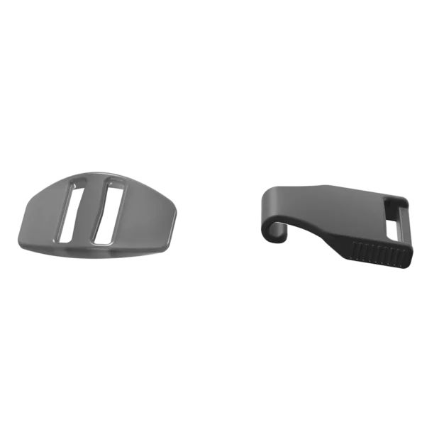 Twee grijze clips voor CPAP-masker hoofdband.