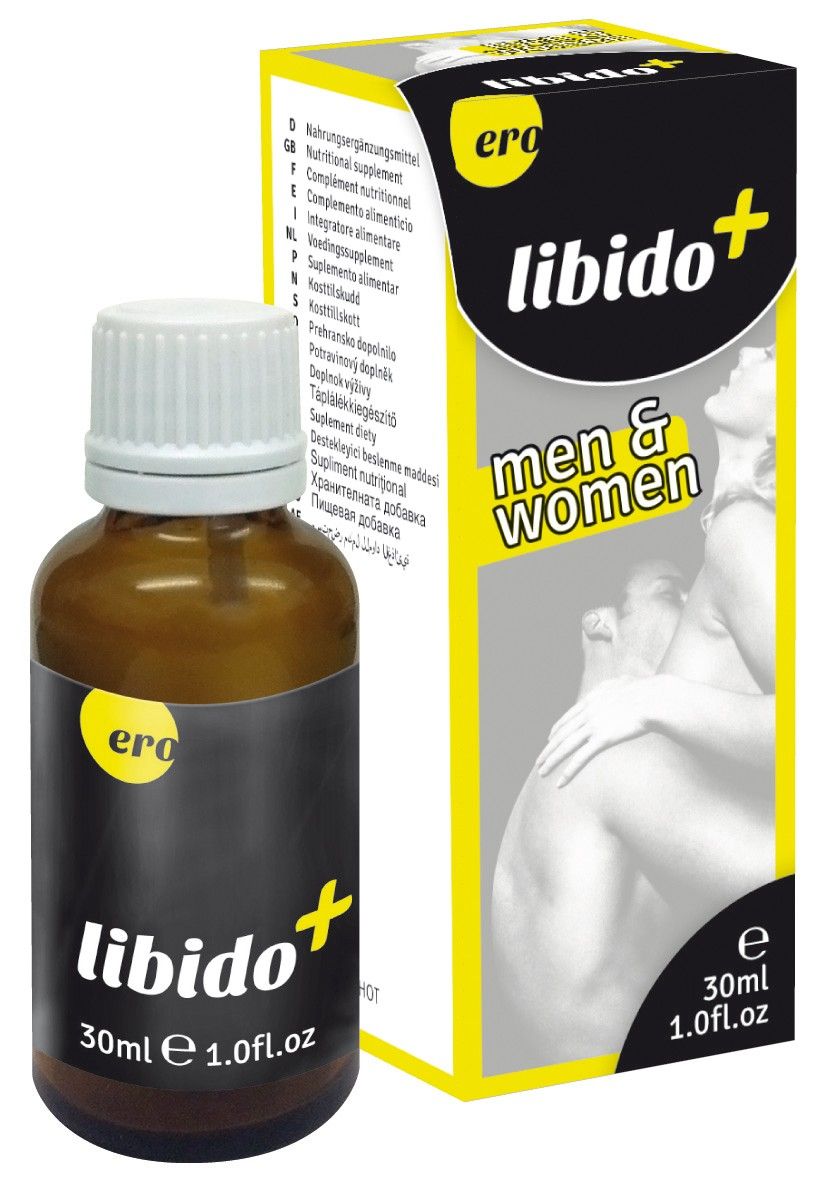 Flesje en verpakking Ero Libido+ Drops, 30ml, voor mannen en vrouwen.