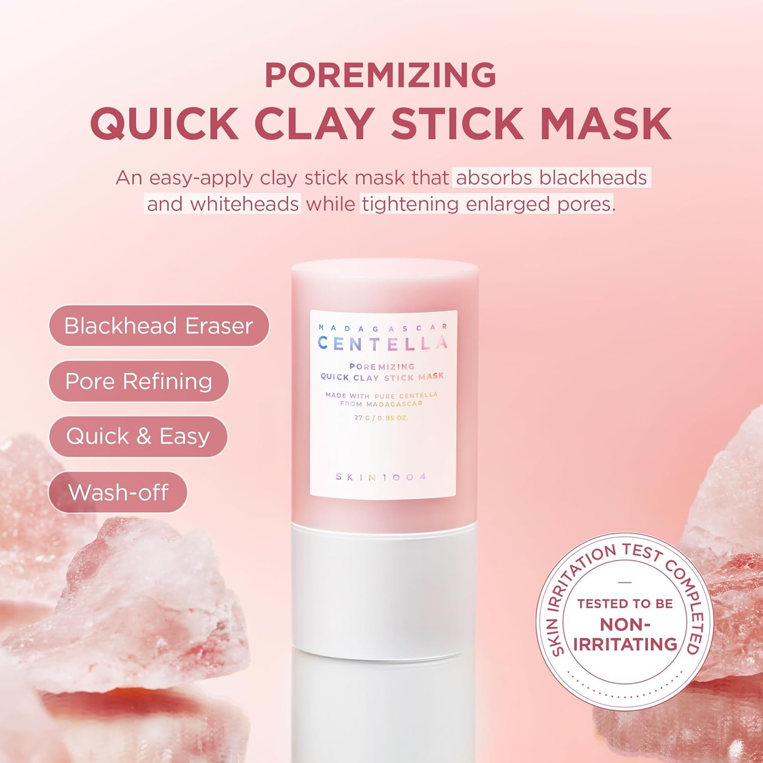 Cilindrische stick met productinfo. Witte basis, roze body. Tekst: Poremizing Quick Clay Stick Mask.