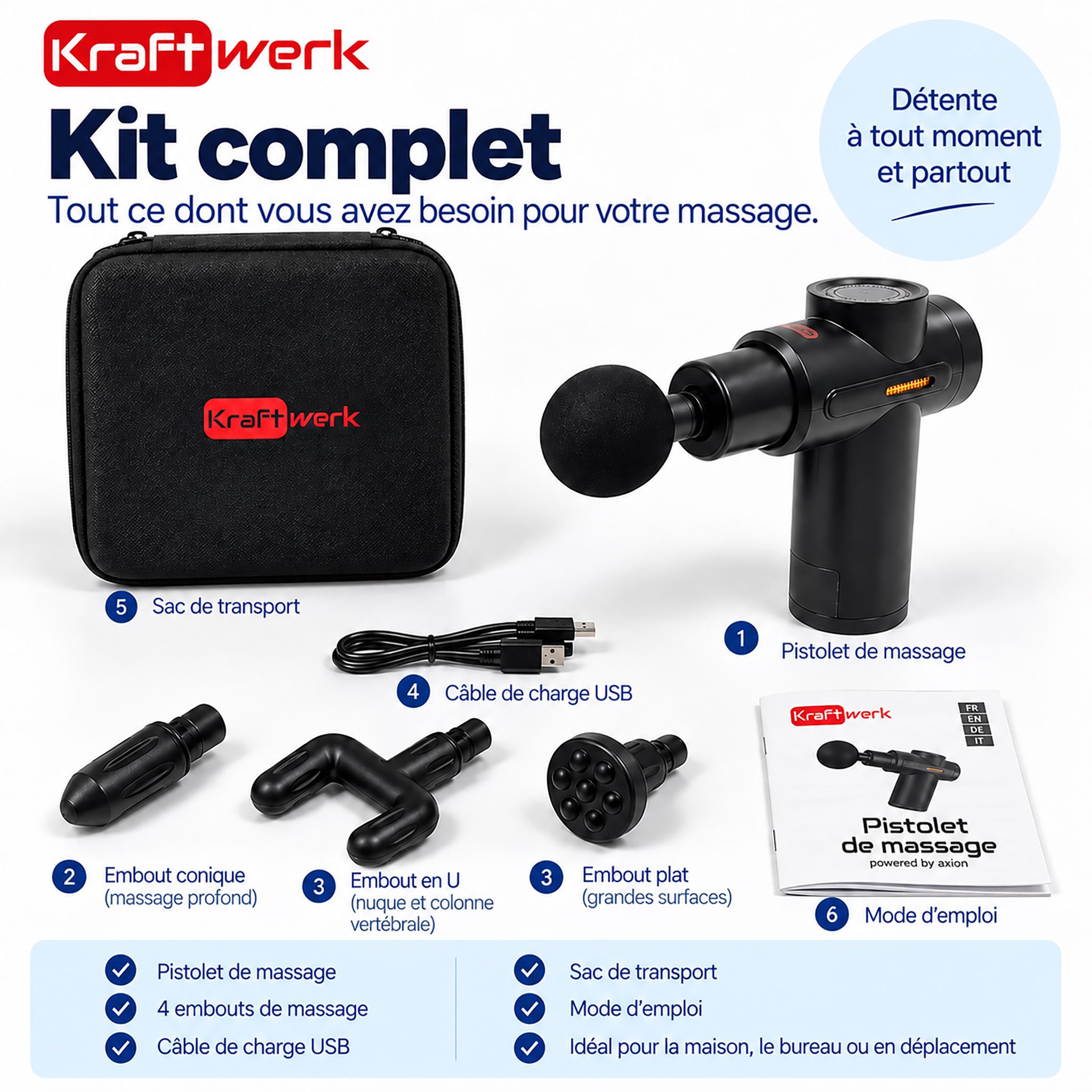 Ensemble complet : pistolet de massage, 4 embouts, câble USB, manuel, étui.
