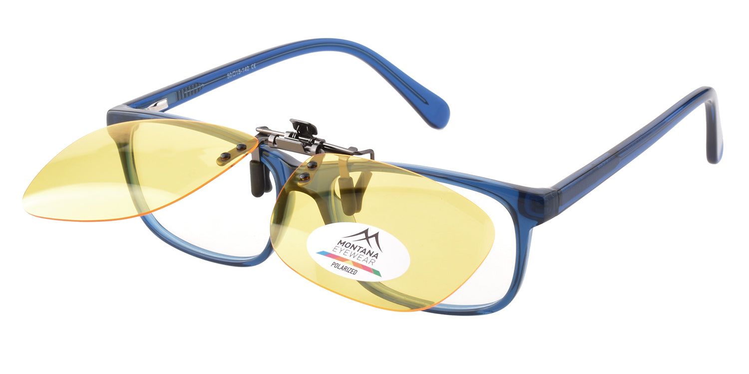 Lunettes de soleil clip-on Montana Eyewear Mauritius avec monture bleue. Verres jaunes, clip métal, logo Polarized.