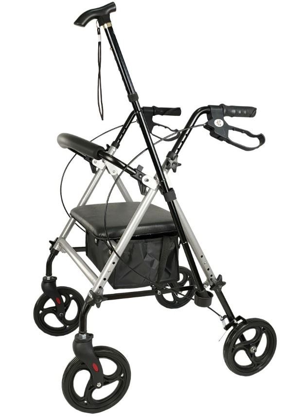 Rollator met aluminium frame, zwarte zitting, mand en 4 wielen. Met stokhouder.