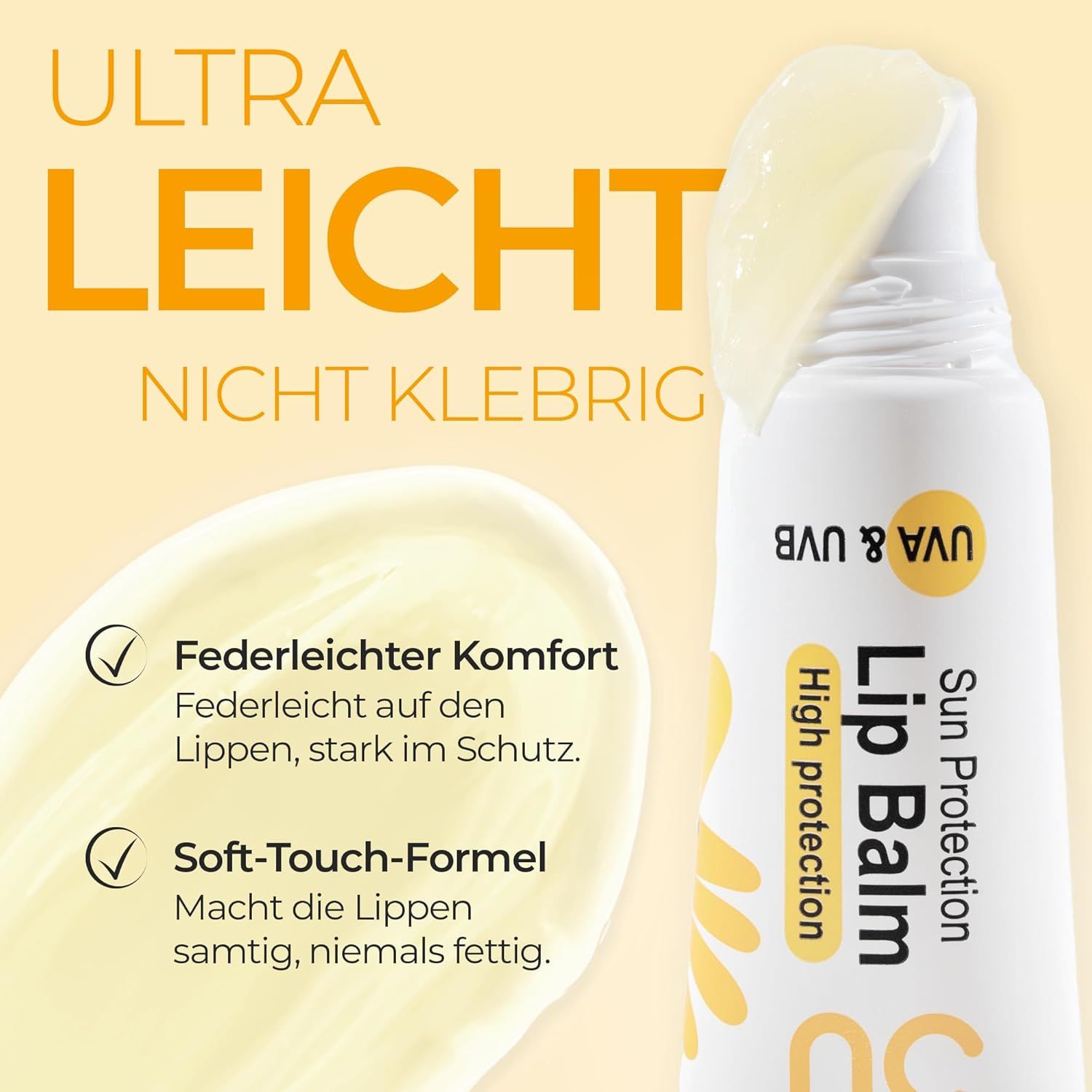 Baume à lèvres Victoria Beauty Sun Kiss. Tube avec produit. Texte: Ultra léger, non collant, UVA & UVB, Haute protection.