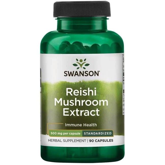 Groene fles met zwarte dop. Opschrift: SWANSON Reishi Mushroom Extract, 500 mg per capsule, 90 capsules.