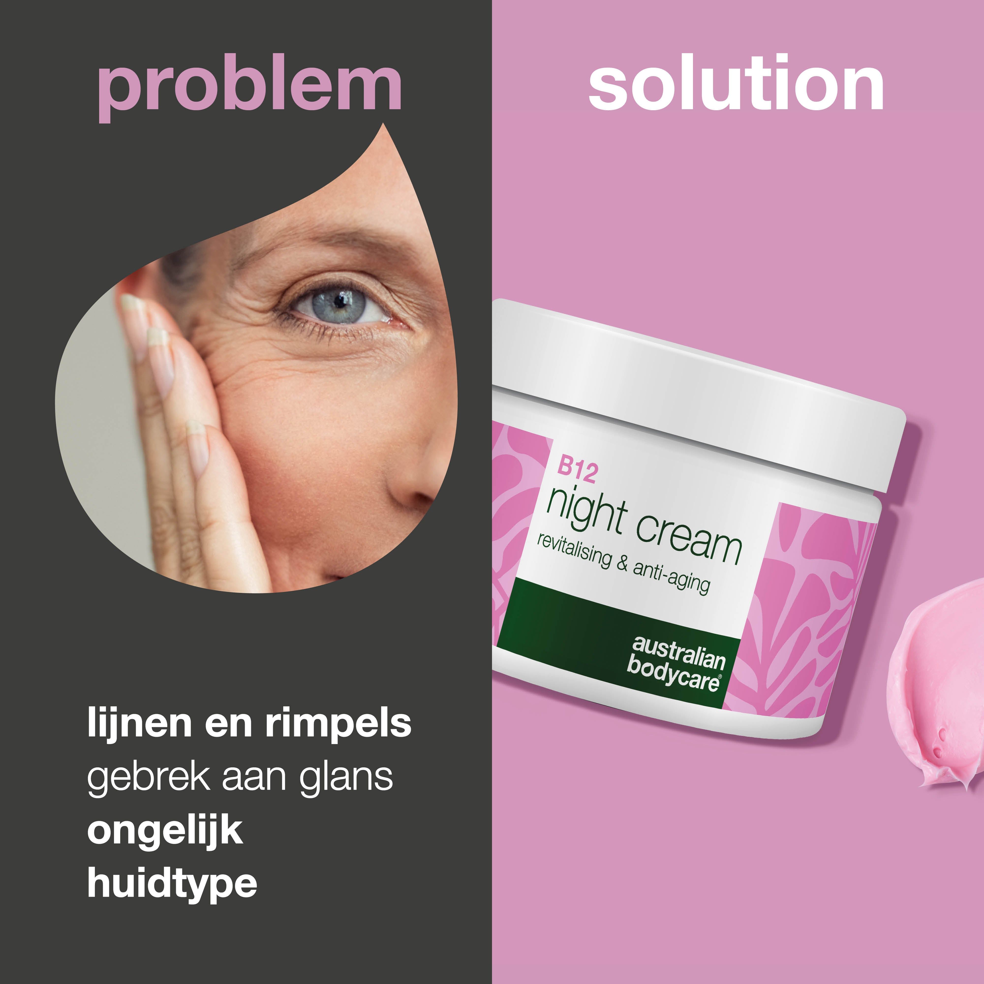 Gezicht van een vrouw. Links: probleem, rimpels, droge huid. Rechts: pot B12 nachtcrème en klodder. Tekst: B12 night cream.