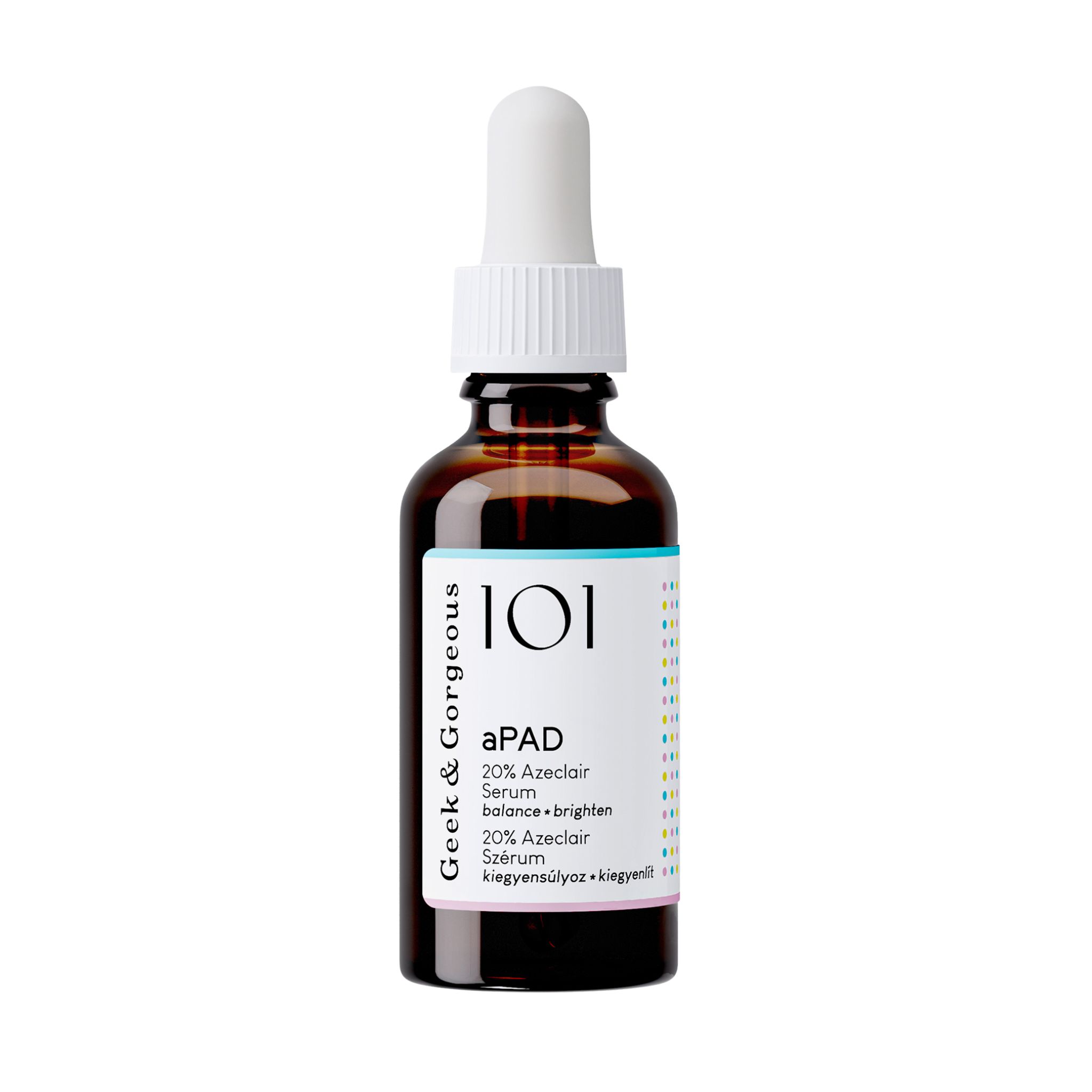 Flacon en verre brun avec pipette. Inscription : aPAD 20% Azelaic Serum. Marque : Geek & Gorgeous.