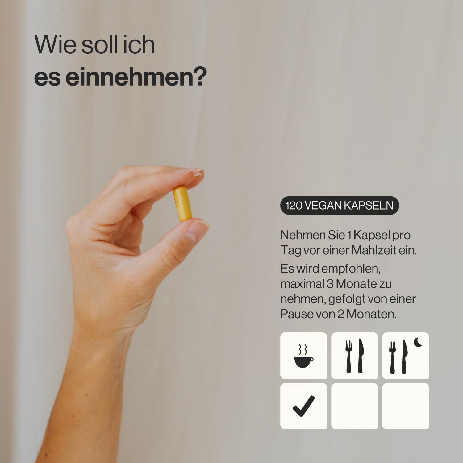 Une main tient une seule gélule jaune. "120 GÉLULES VÉGANES" est visible.
